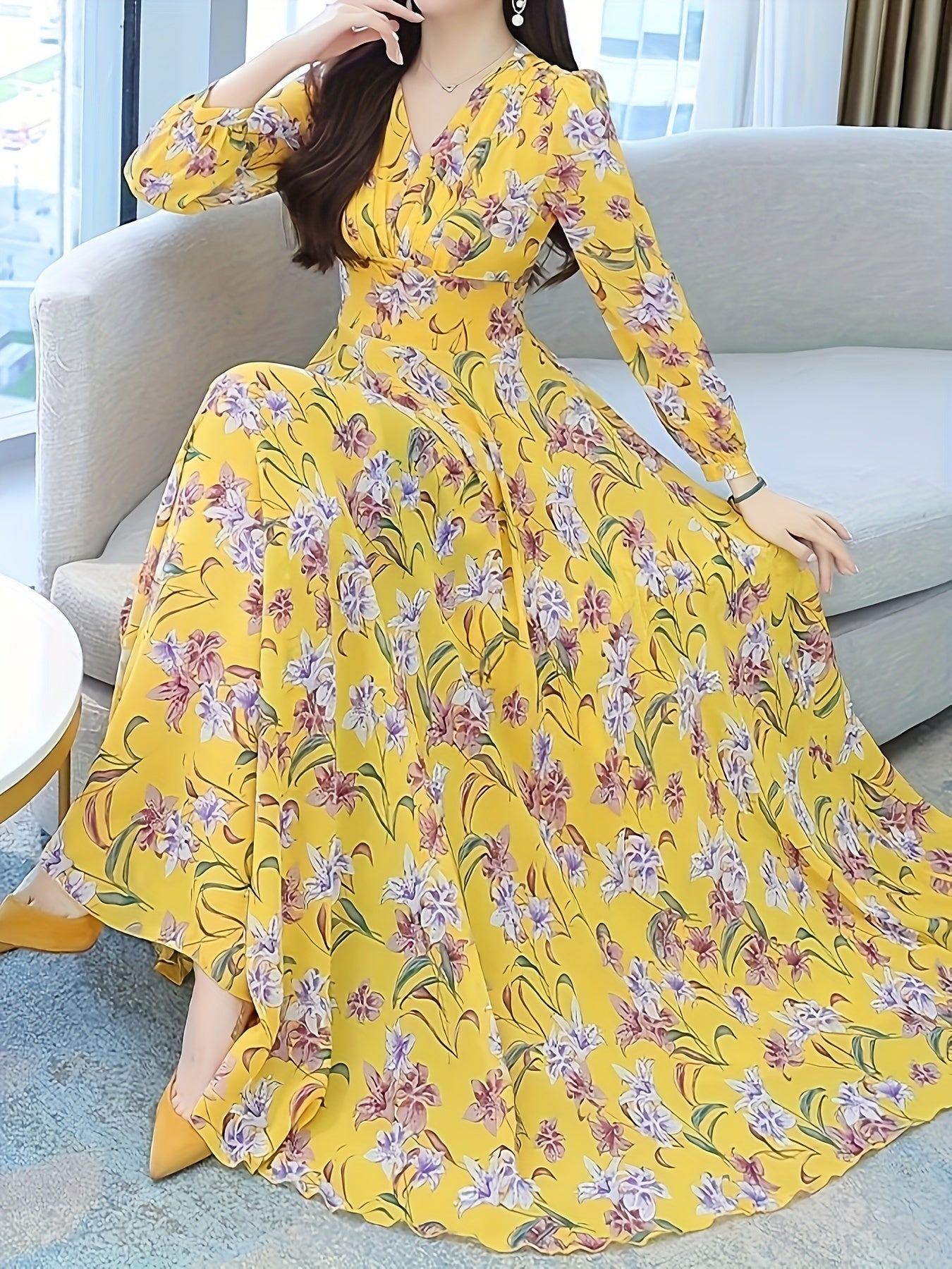 Long Sleeve Women's Floral Party Elegant Yellow Dress