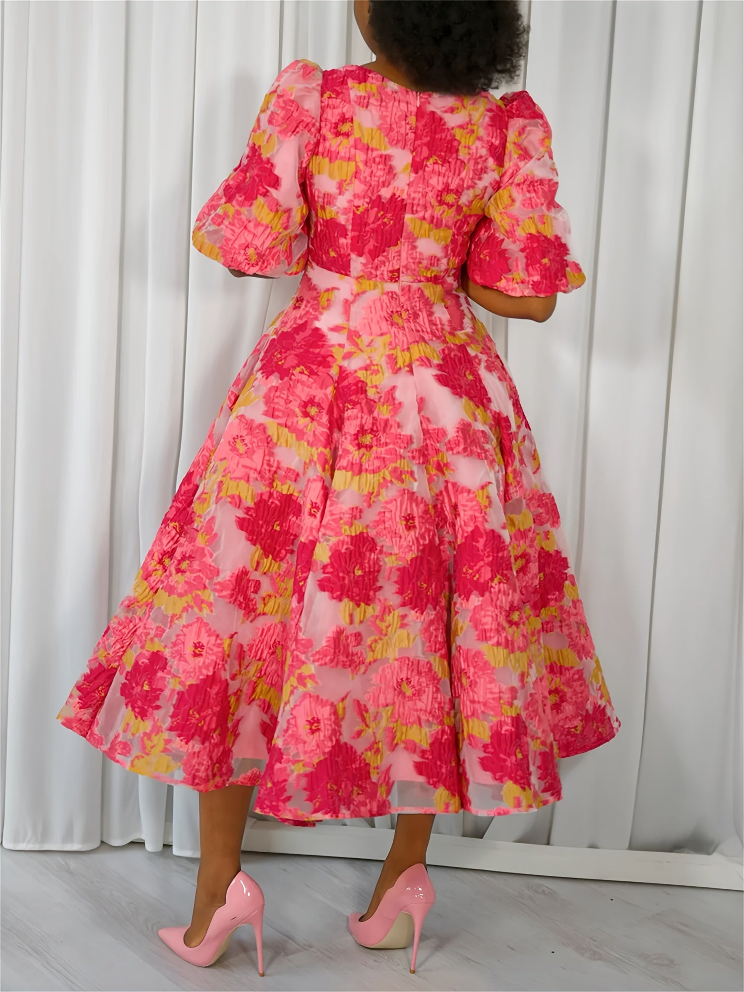 GLOURI Luxury Pink Floral Organza Jacquard Midi Dress - Romantic V-Neck Puff Short Sleeve Gown with A-Line Hem & Lining, Wedding Guest Dress for Garden Parties/Spring Galas (Opulent Floral Pattern), Floral Dress, Spring Gala Attire, Sophisticated