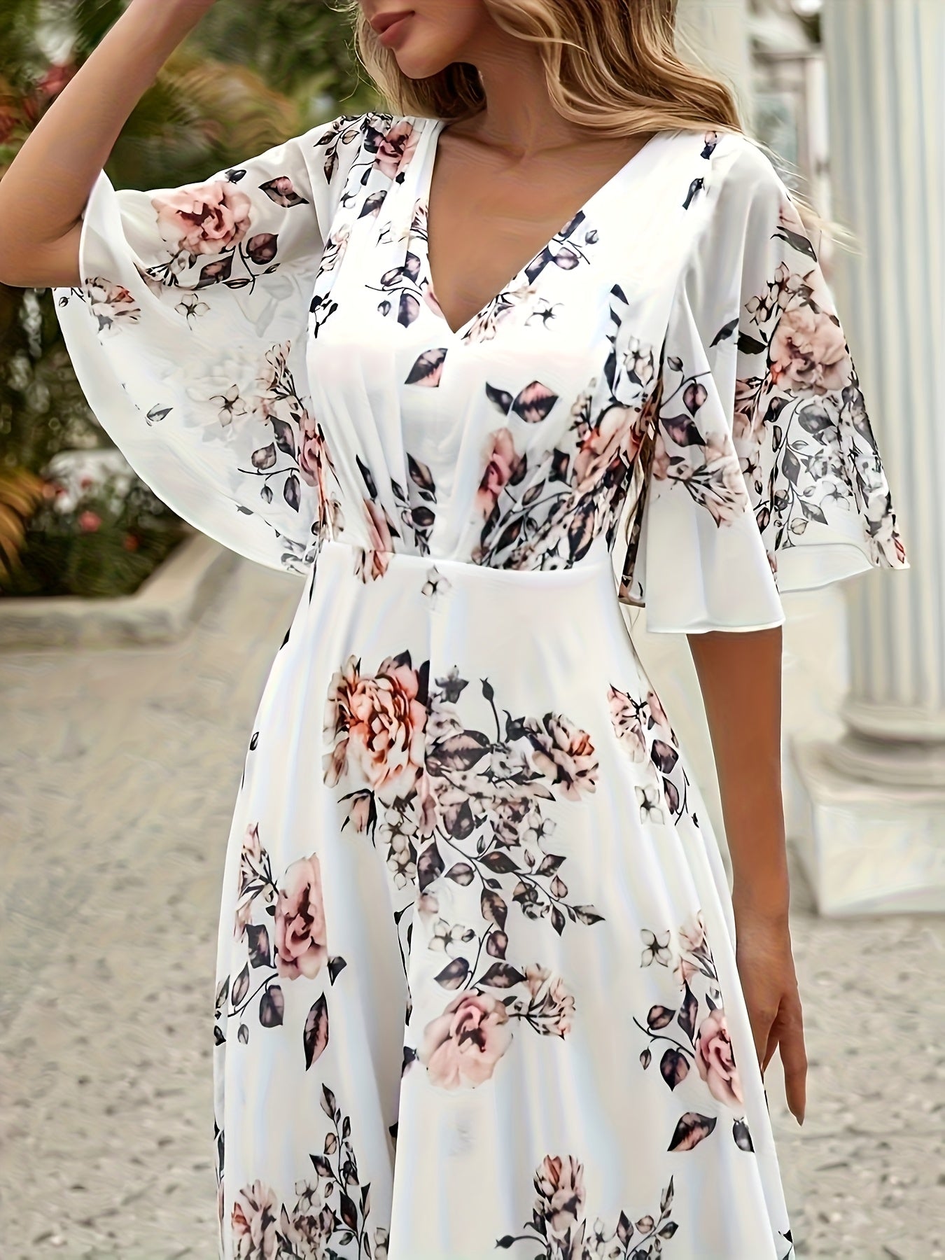 Women's Elegant Floral Print V-Neck Short Sleeve A-Line Dress - Lightweight Breathable Fabric for Spring/Summer, Versatile for Valentine's Day, Easter, Daily Gatherings & Travel, Spring Summer Fashion, Highquality Textile