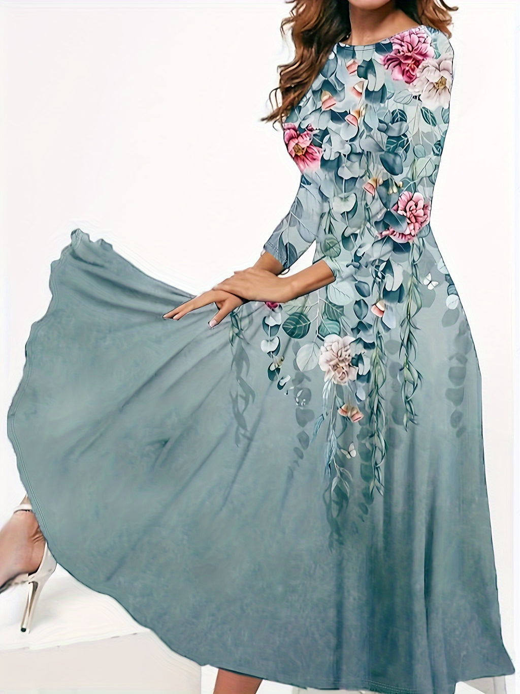 [Elegant A-Line Dress] Elegant Floral Print A-Line Dress | Women's Soft Blue & Pink Botanical Pattern, Round Neck, Machine Washable, All-Season Comfort for Casual & Formal Occasions, Medium Elasticity Fabric, Versatile Outfit, Comfortable Material
