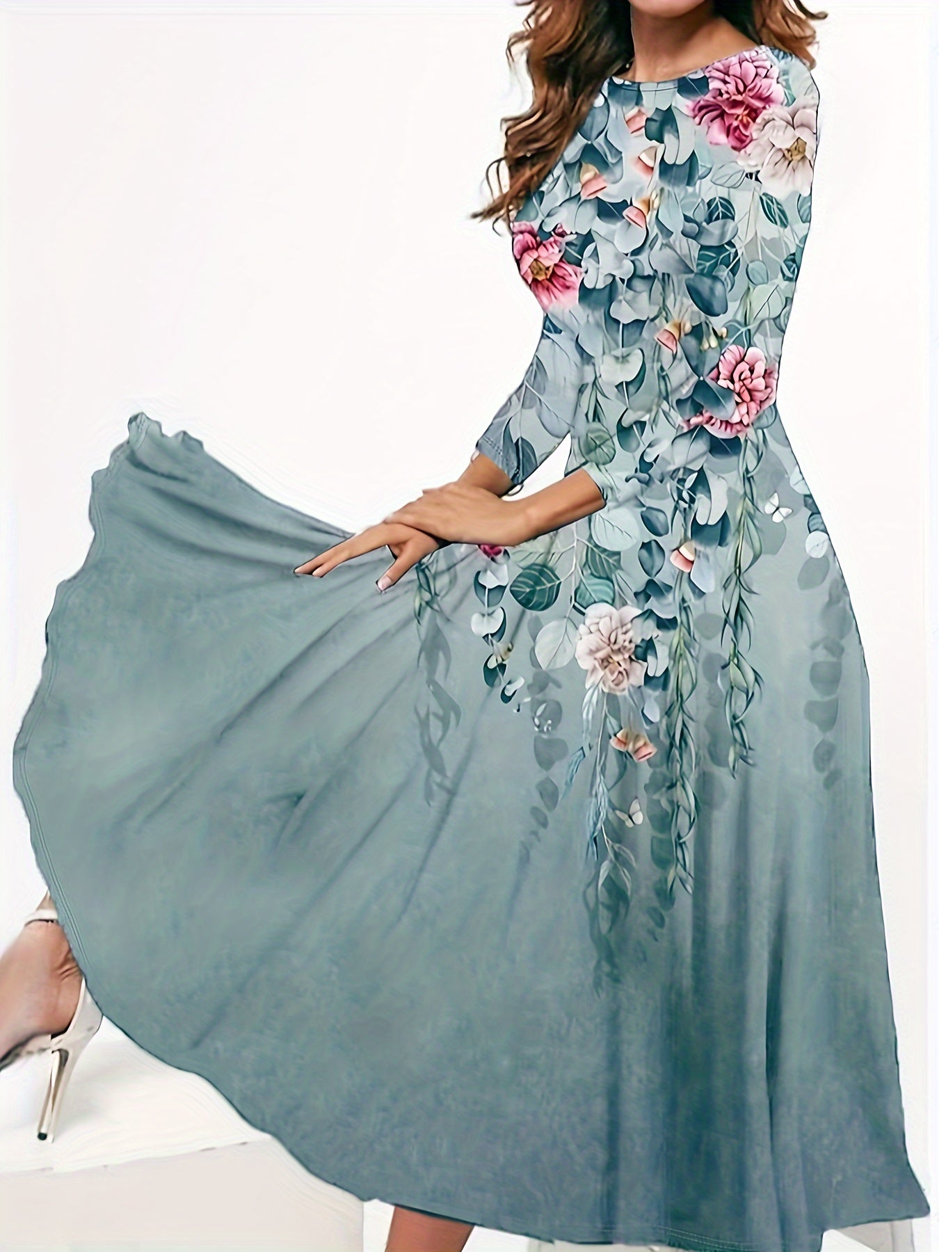 [Elegant A-Line Dress] Elegant Floral Print A-Line Dress | Women's Soft Blue & Pink Botanical Pattern, Round Neck, Machine Washable, All-Season Comfort for Casual & Formal Occasions, Medium Elasticity Fabric, Versatile Outfit, Comfortable Material