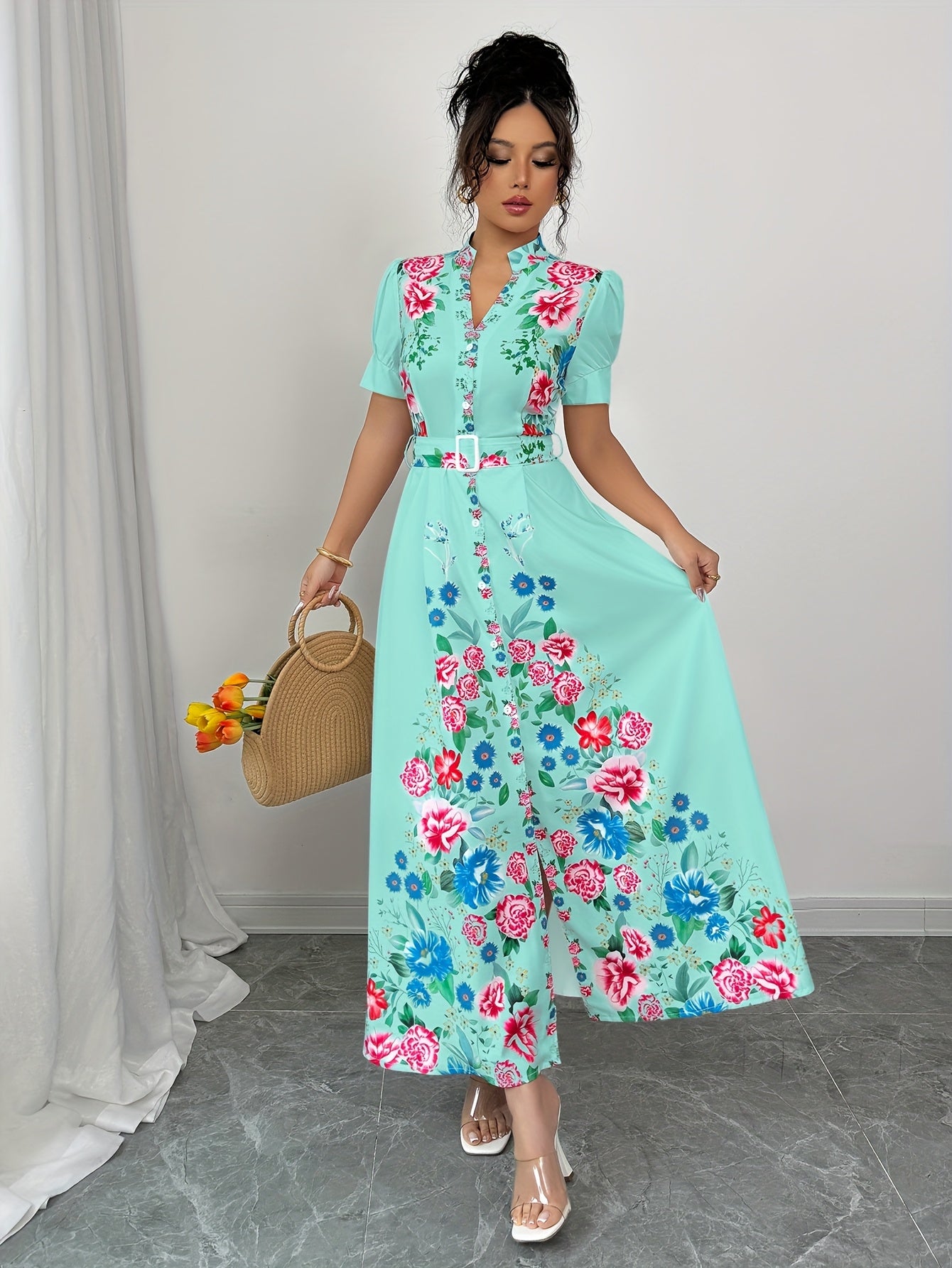 [Elegant Maxi Dress] Vibrant Pink Elegant Women's Maxi Dress | Casual V-Neck, Short Sleeve, A-Line Silhouette with Belt Detail, Multicolor Flower Design, Perfect for Spring/Summer