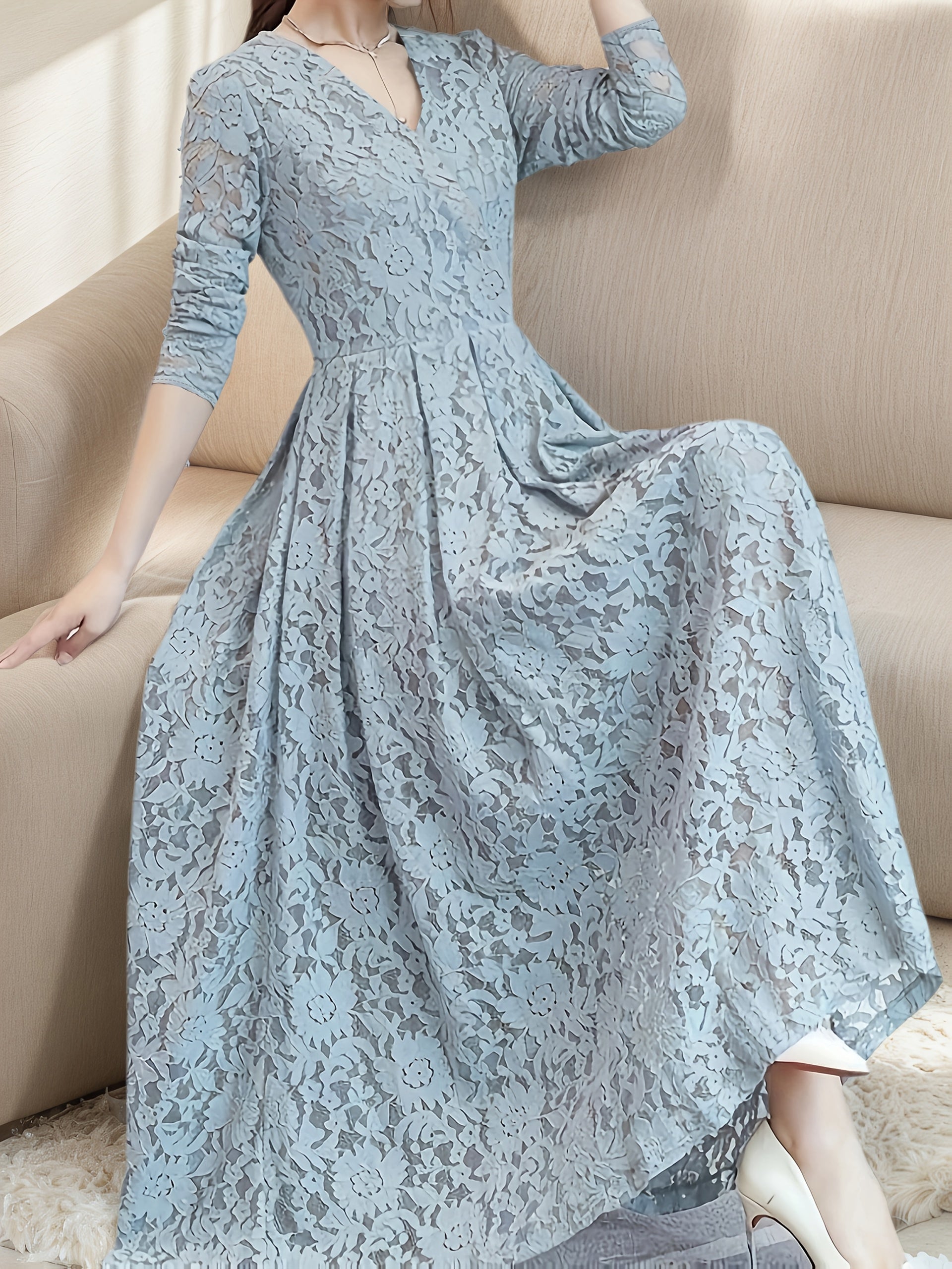 Women's Elegant Lace Panel V-Neck Dress with Zipper Back, Slim-Fit Bodice & Flowy Skirt - Machine Washable Solid Color All-Season Versatile for Casual to Formal Occasions, Occasion Wear, Easycare Material