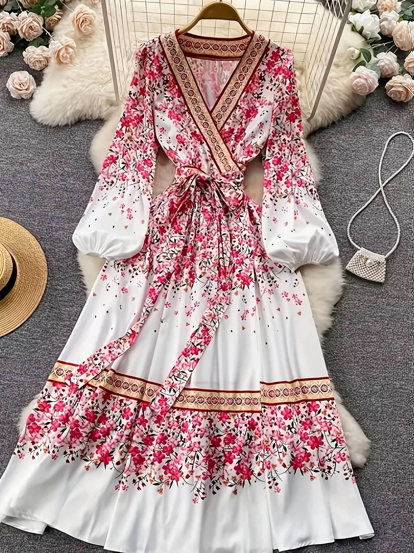 Sweet Style Floral Dress Fashionable Lantern Sleeves Bow Tie
