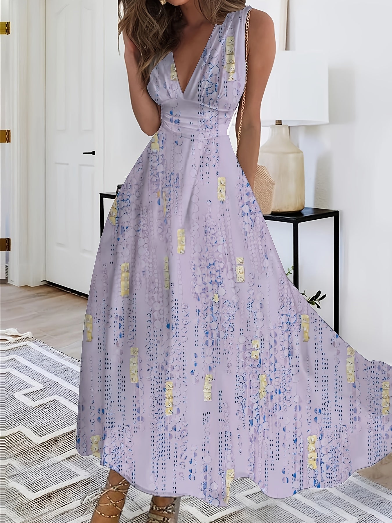 [Elegant Dress] Elegant V-Neck Sleeveless A-Line Dress | Women's Floral Print Semi-Sheer Lightweight Fabric, Breathable & Versatile for All Seasons, Casual to Formal Occasions, Allseason Attire, Medium Elasticity Fabric