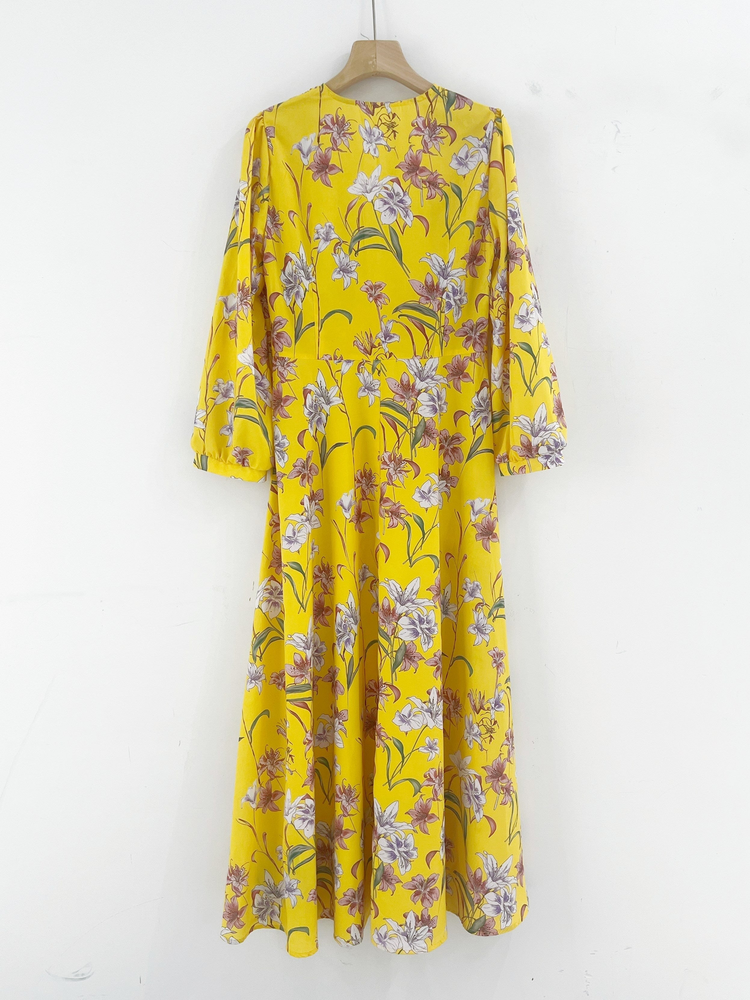 Long Sleeve Women's Floral Party Elegant Yellow Dress