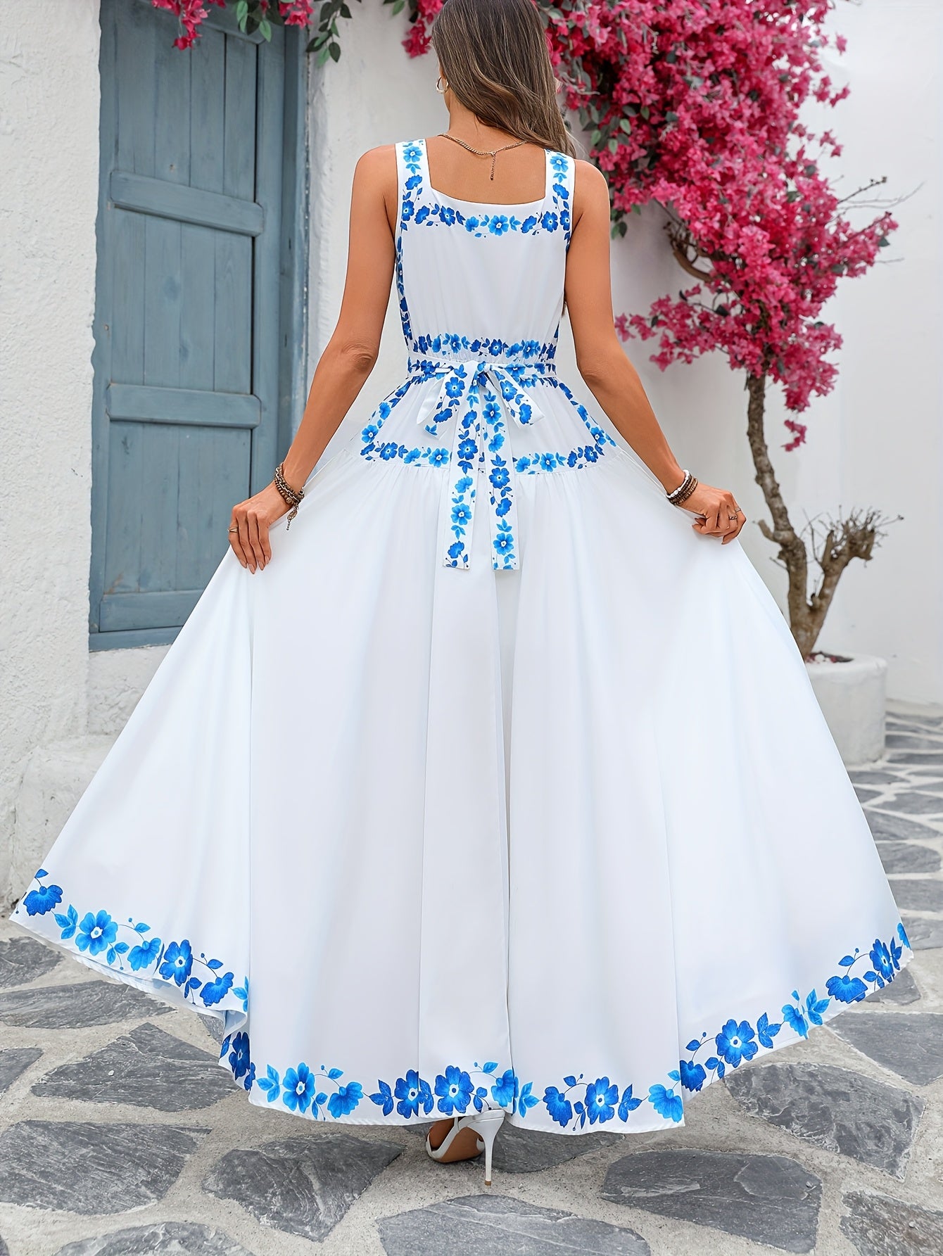 Elegant Floral Print Maxi Dress for Women - Sleeveless A-Line Summer Dress with Back Tie, Blue Floral Pattern, Polyester, Perfect for Casual or Formal Occasions, Floral Dres