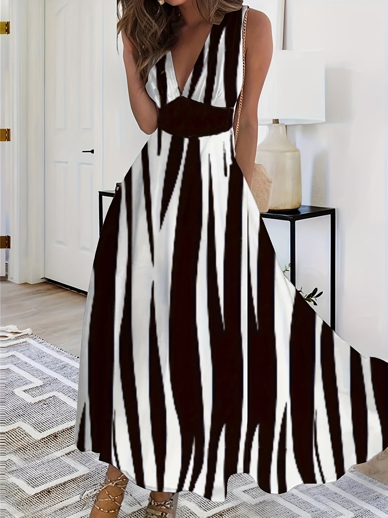 [Elegant Dress] Elegant V-Neck Sleeveless A-Line Dress | Women's Floral Print Semi-Sheer Lightweight Fabric, Breathable & Versatile for All Seasons, Casual to Formal Occasions, Allseason Attire, Medium Elasticity Fabric