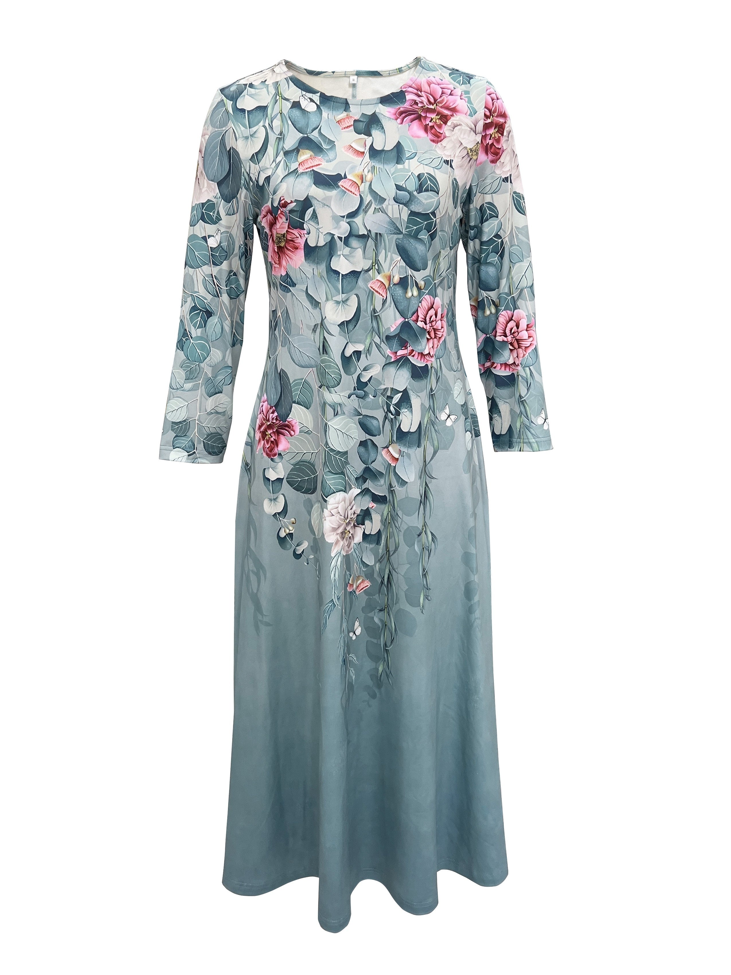 [Elegant A-Line Dress] Elegant Floral Print A-Line Dress | Women's Soft Blue & Pink Botanical Pattern, Round Neck, Machine Washable, All-Season Comfort for Casual & Formal Occasions, Medium Elasticity Fabric, Versatile Outfit, Comfortable Material