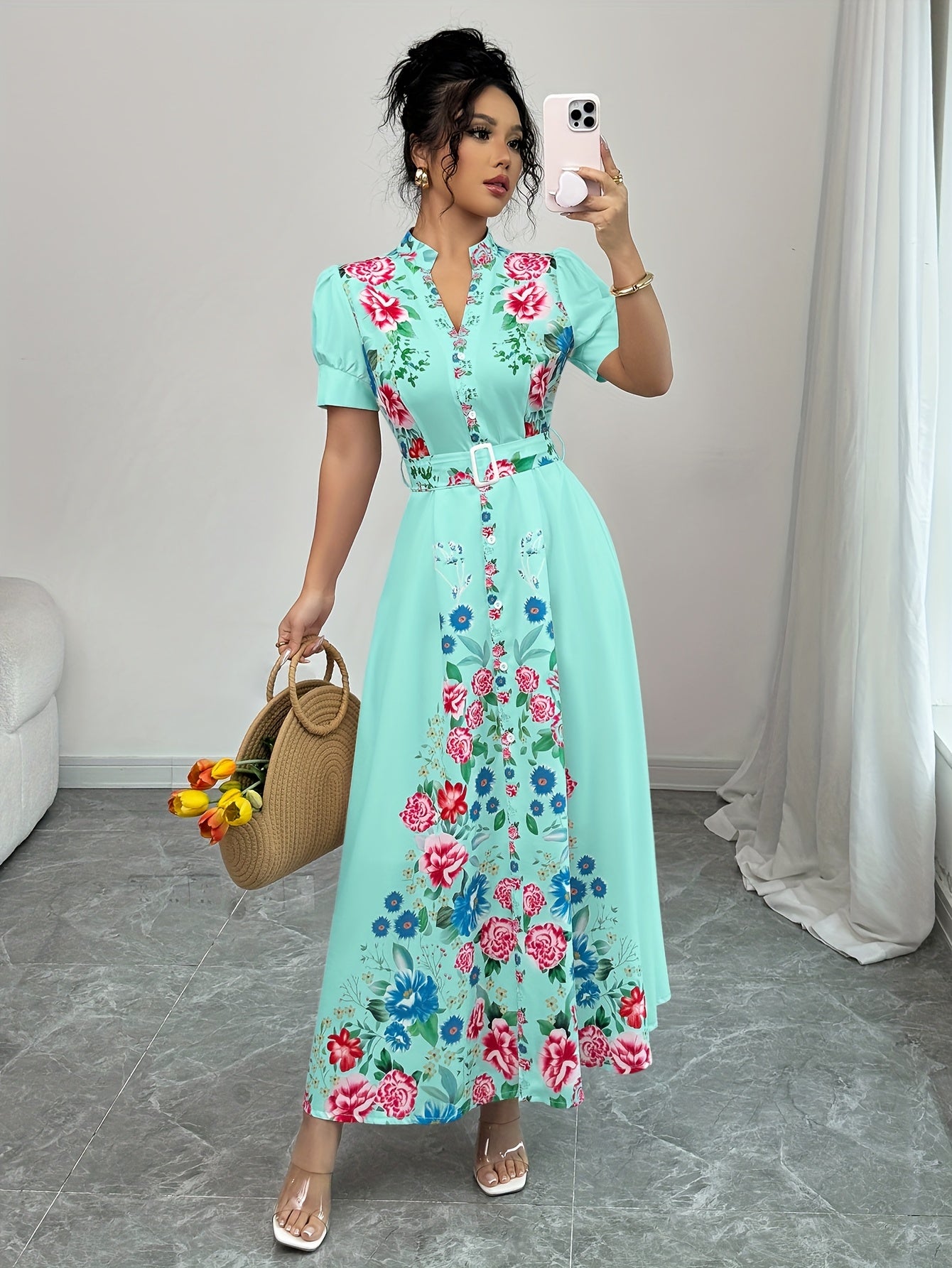 [Elegant Maxi Dress] Vibrant Pink Elegant Women's Maxi Dress | Casual V-Neck, Short Sleeve, A-Line Silhouette with Belt Detail, Multicolor Flower Design, Perfect for Spring/Summer