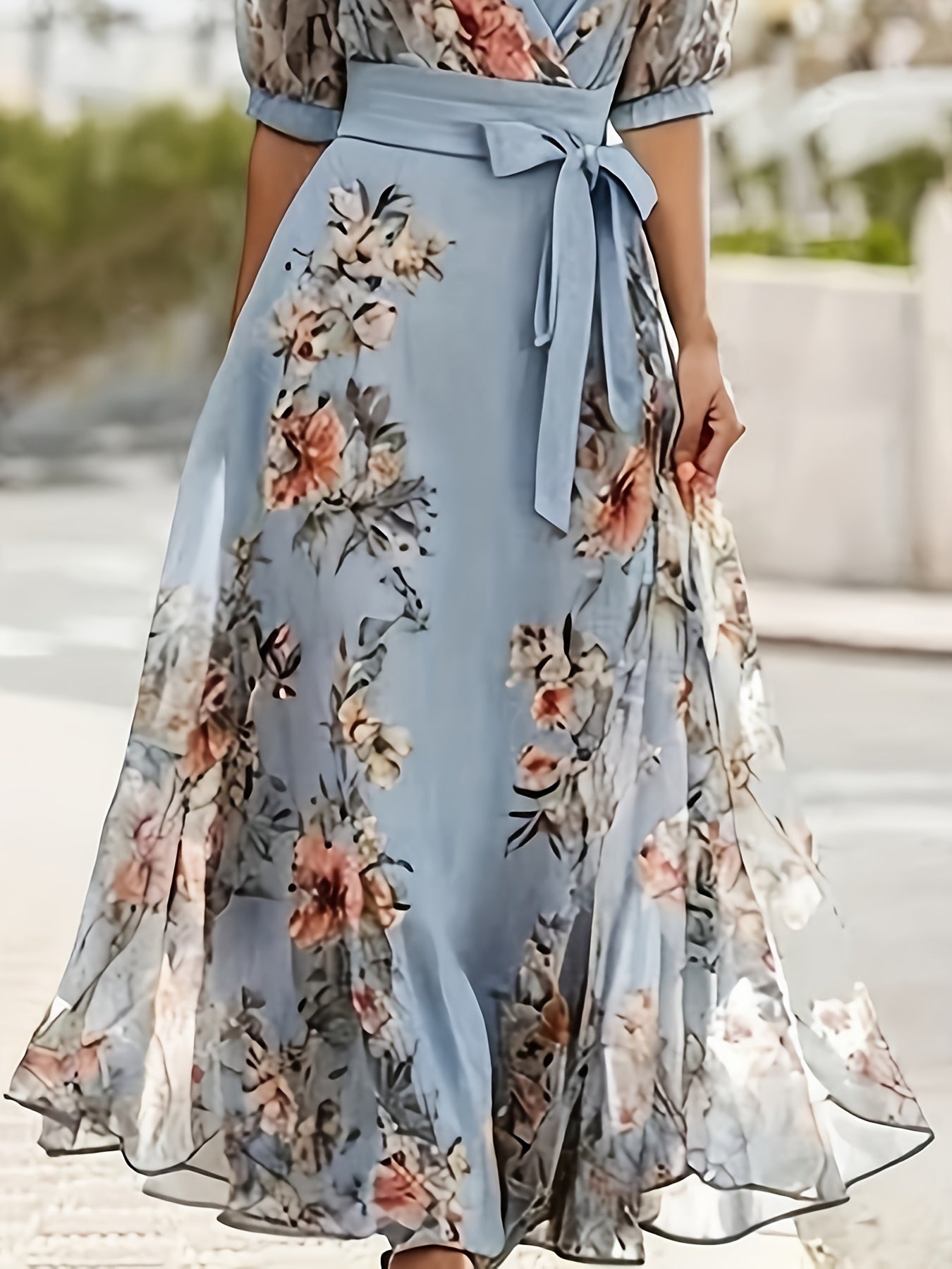 Elegant Off-the-Shoulder Maxi Dress for Women - V-Neckline, Ruffled Sleeves, Flowing A-Line Silhouette, Light Blue Floral Print, Perfect for Weddings and Formal Occasions, Wedding Dresses for Bride