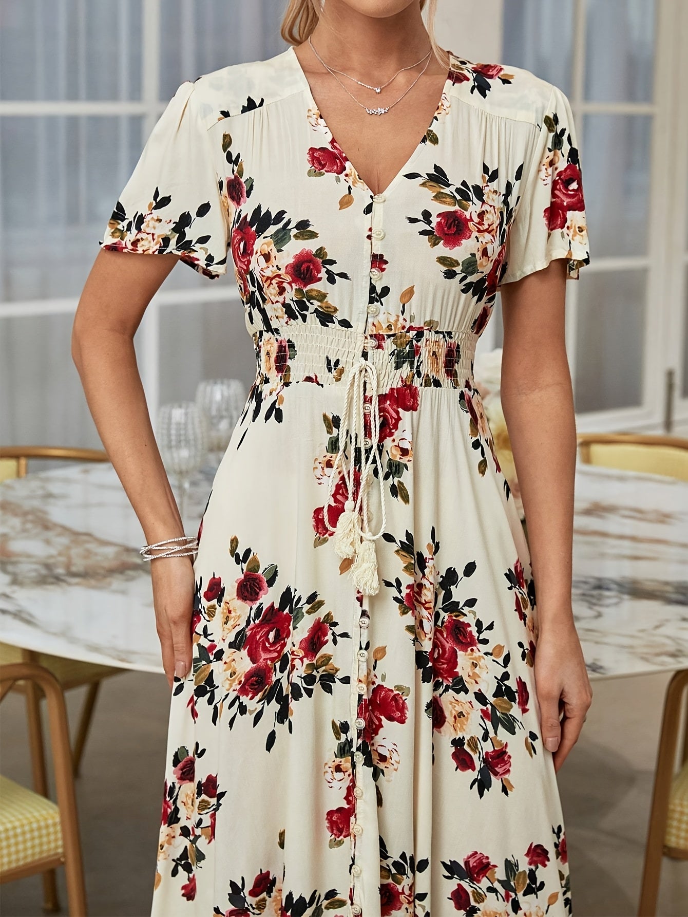 Bohemian Floral Print Maxi Dress for Women - Elegant V-Neck, Short Sleeve, A-Line Silhouette, Lightweight Viscose, Perfect for Spring & Summer Casual Wear, Floral Maxi Dress