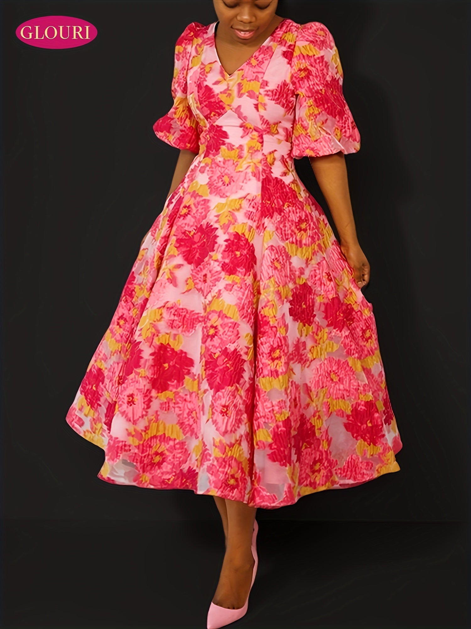 GLOURI Luxury Pink Floral Organza Jacquard Midi Dress - Romantic V-Neck Puff Short Sleeve Gown with A-Line Hem & Lining, Wedding Guest Dress for Garden Parties/Spring Galas (Opulent Floral Pattern), Floral Dress, Spring Gala Attire, Sophisticated