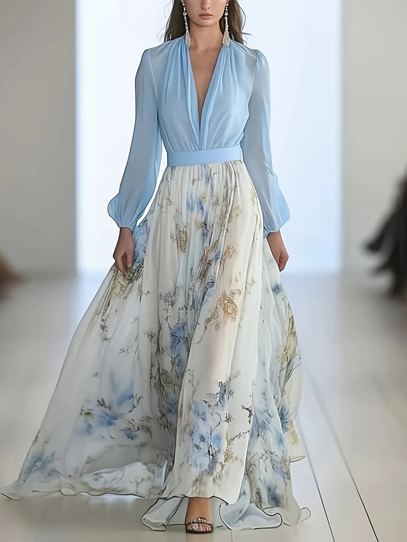 Women's Elegant Floral print chiffon Wedding Dress - Semi-Sheer V-Neck A-Line Formal & casual gown in Soft Pastel Blue/White Floral pattern, Machine Washable Party Dresses for Bridal, Prom, Everyday - Flowy Wedding Gown, Wedding Dresses for Bride, Prom