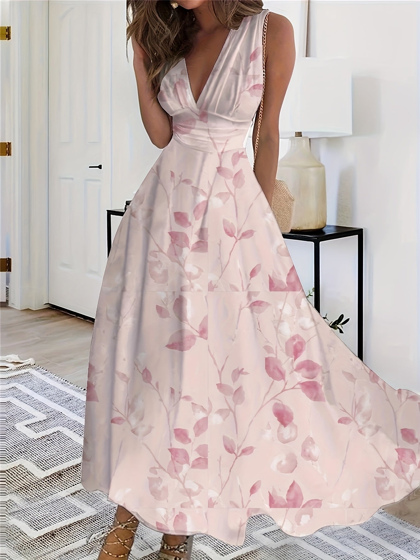 [Elegant Dress] Elegant V-Neck Sleeveless A-Line Dress | Women's Floral Print Semi-Sheer Lightweight Fabric, Breathable & Versatile for All Seasons, Casual to Formal Occasions, Allseason Attire, Medium Elasticity Fabric