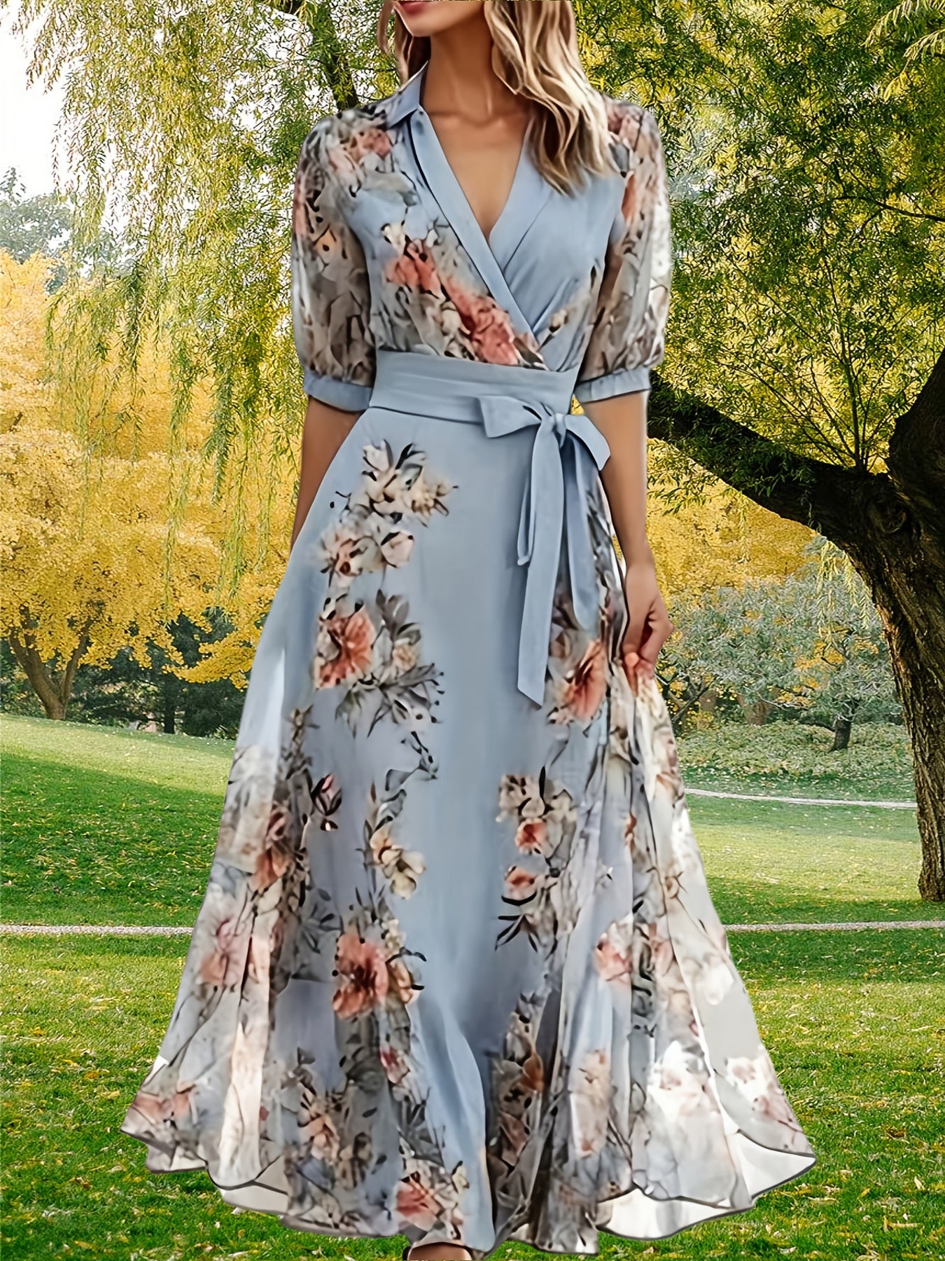 Elegant Off-the-Shoulder Maxi Dress for Women - V-Neckline, Ruffled Sleeves, Flowing A-Line Silhouette, Light Blue Floral Print, Perfect for Weddings and Formal Occasions, Wedding Dresses for Bride