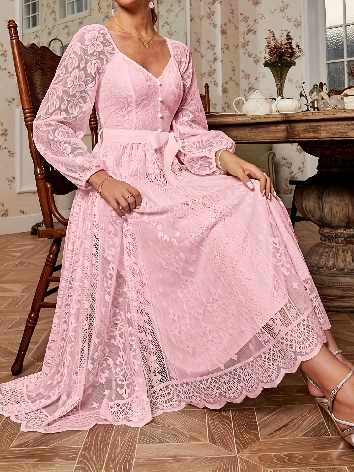 [Elegant Dress] Elegant Lace Sleeve Belted Dress | Women's Fitted Solid Color Machine Washable All-Season Versatile for Casual & Formal Occasions, Wedding Guest Attire, Sophisticated Detailing