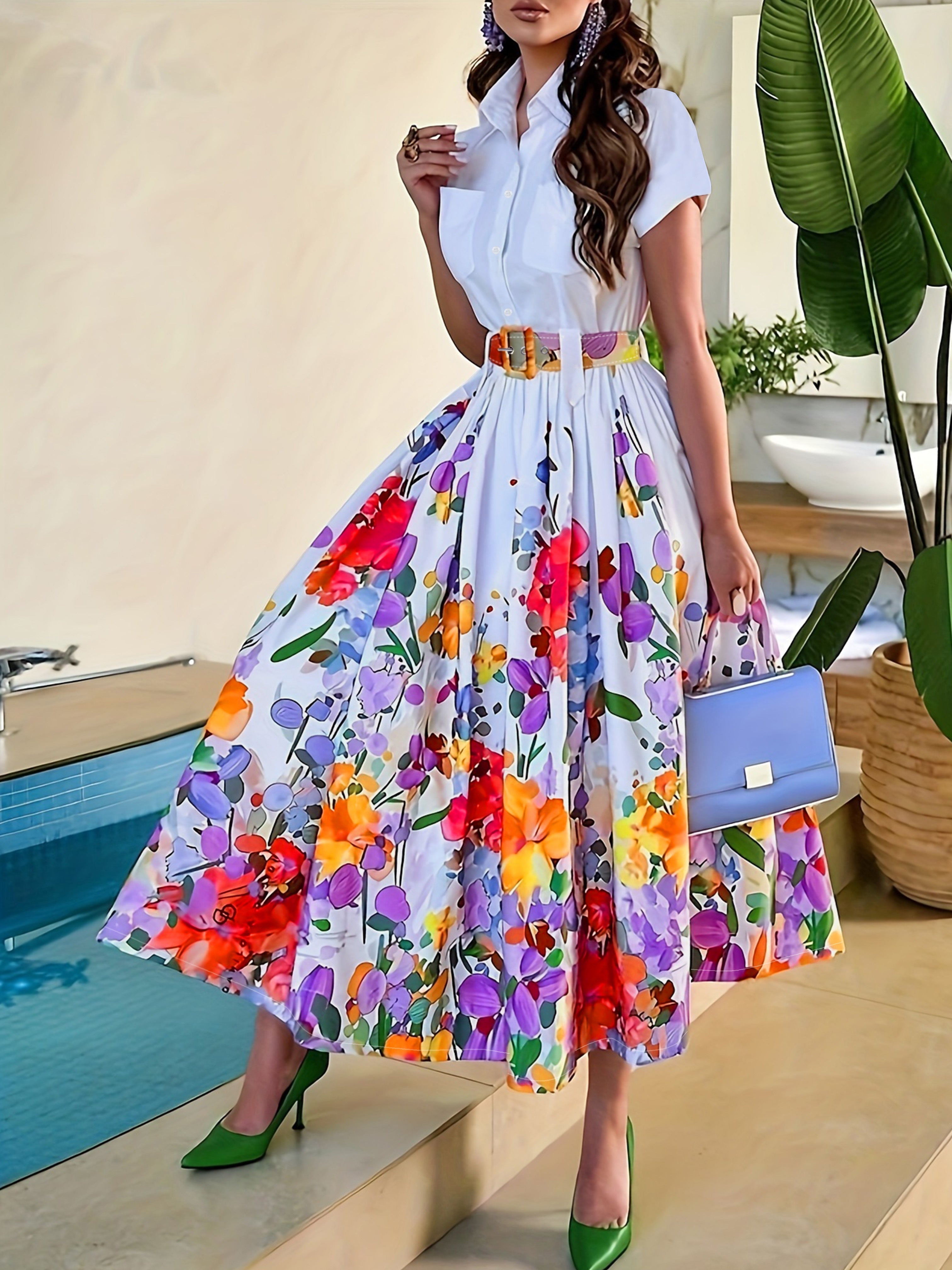 Short Sleeve Floral Print A-line Dress, Casual Button Front Dress For Spring & Summer, Women's Clothing