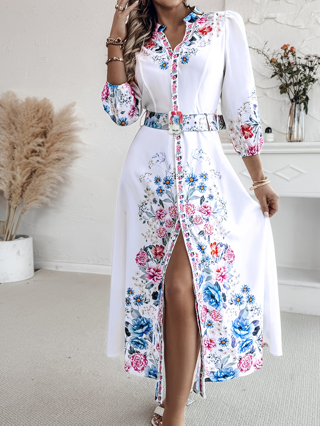 Women's Floral Print maxi Dress - Elegant Long Formal & Casual Dresses with Floral Belt, Flared Skirt, Non-Stretchy Fabric, Machine Washable Women's Clothing for Parties, Office, Everyday Outfits, Cute Dresses, Party Attire, Fitted Design