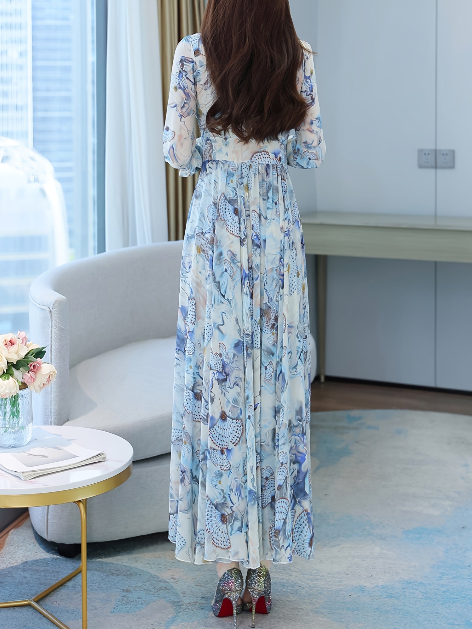 [Floral Chiffon Dress] Ankle-Length Floral Chiffon Dress | Long-Sleeve, Knee-High, Large Hem for Women