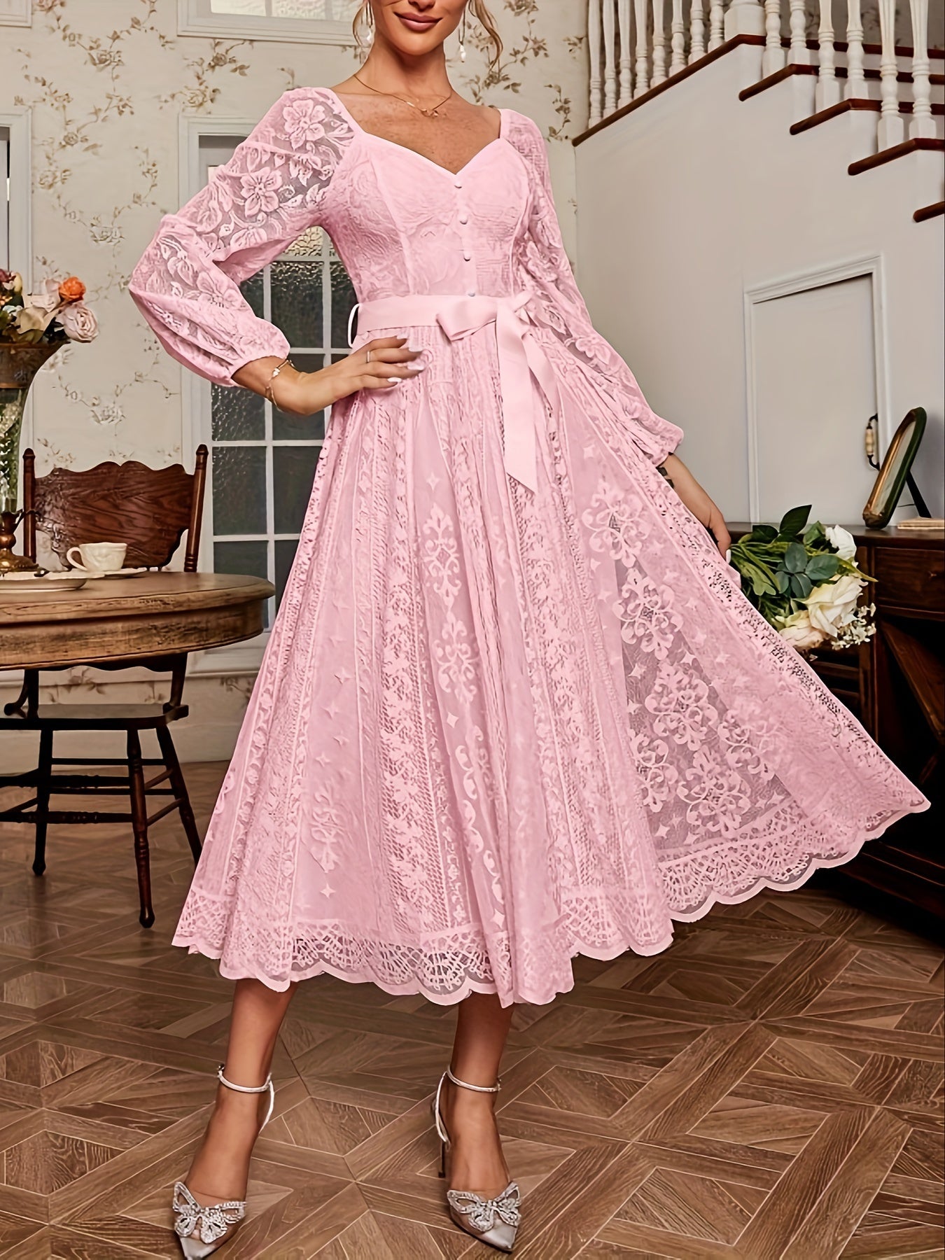 [Elegant Dress] Elegant Lace Sleeve Belted Dress | Women's Fitted Solid Color Machine Washable All-Season Versatile for Casual & Formal Occasions, Wedding Guest Attire, Sophisticated Detailing