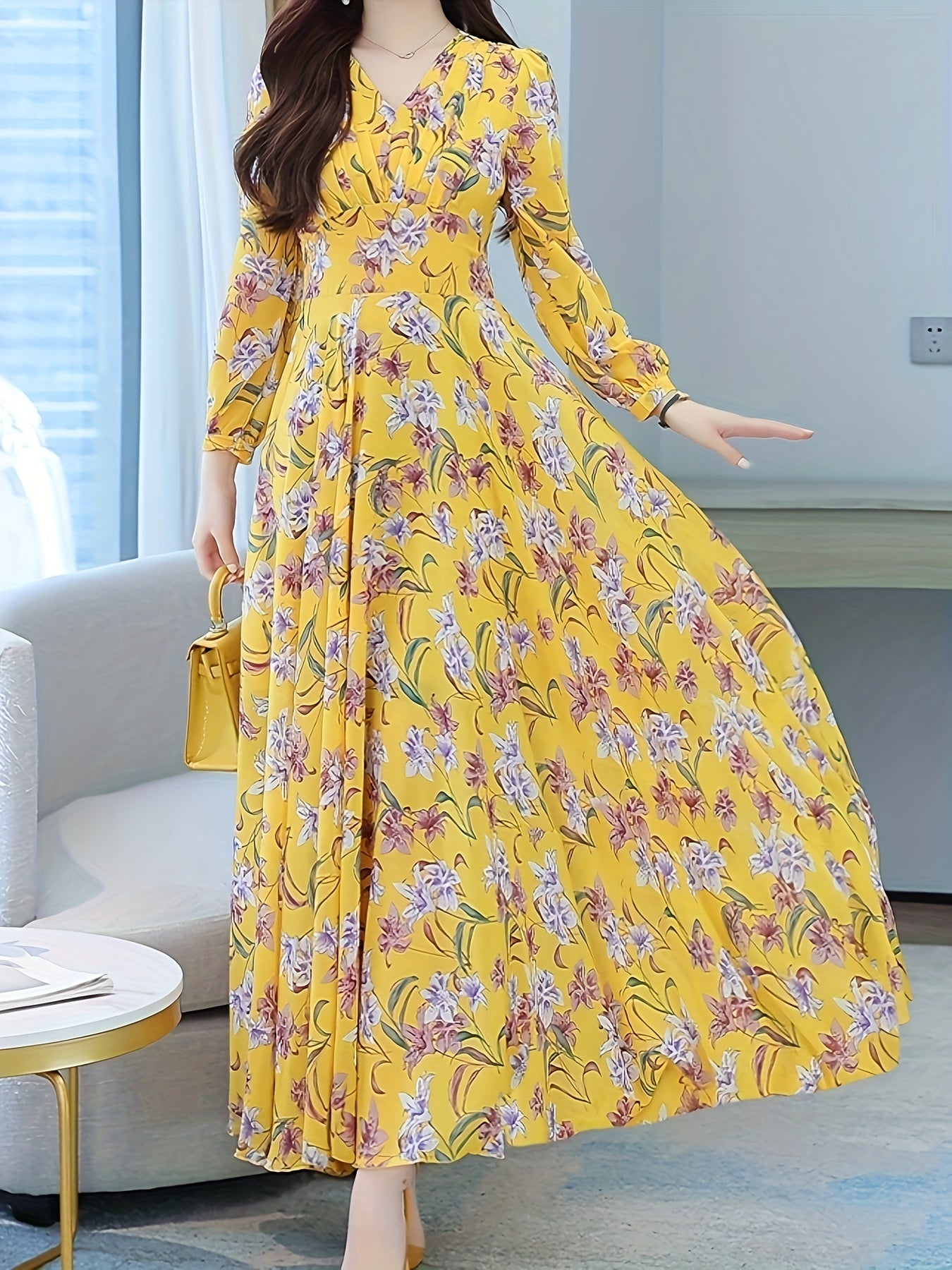 Long Sleeve Women's Floral Party Elegant Yellow Dress