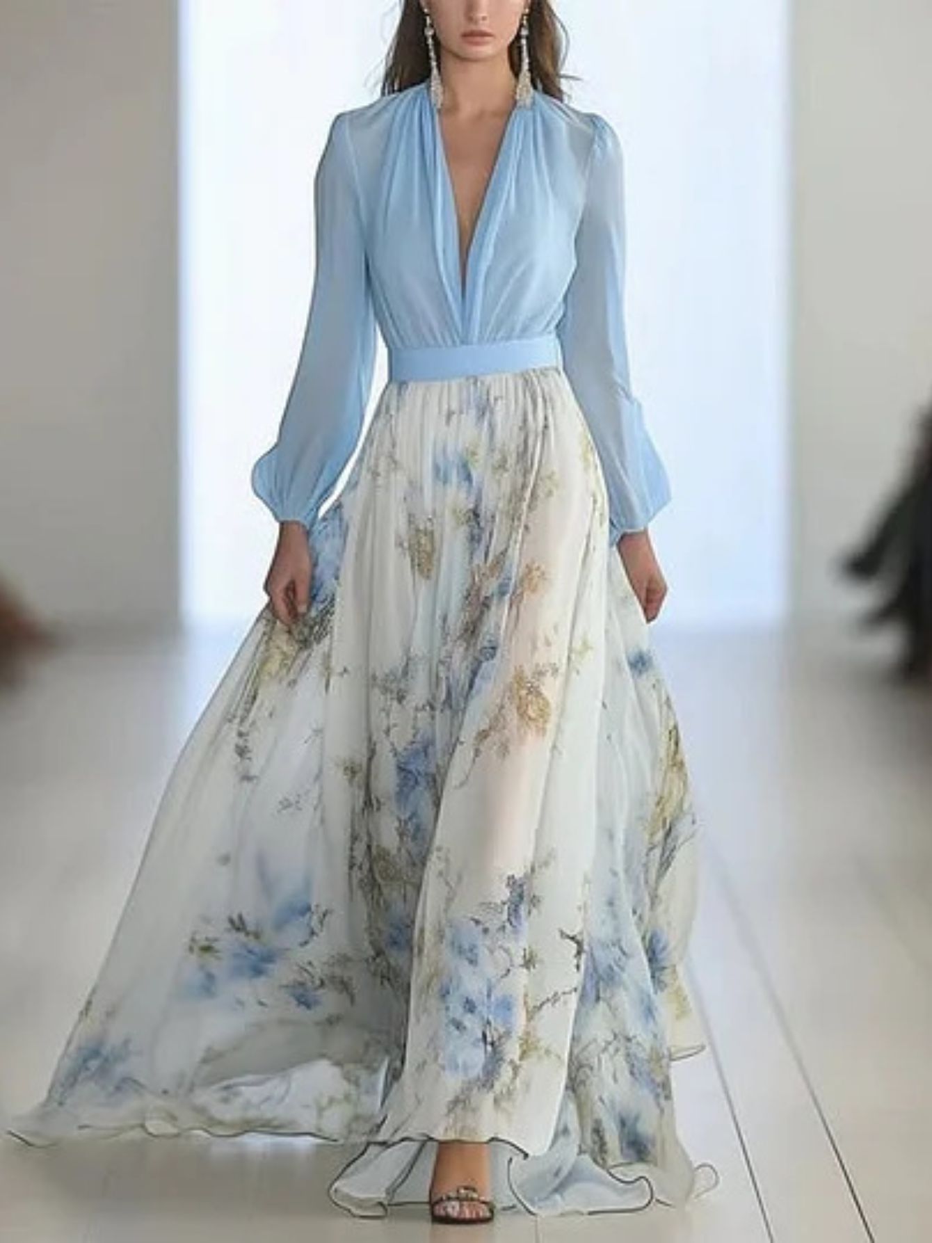 [Bohemian Floral Print Dress] Lightweight Flowy Bohemian Floral Print V-Neck Long Sleeve Dress - Machine Washable Soft Fabric for Spring Summer Fall Casual & Formal Events, Elegant Style