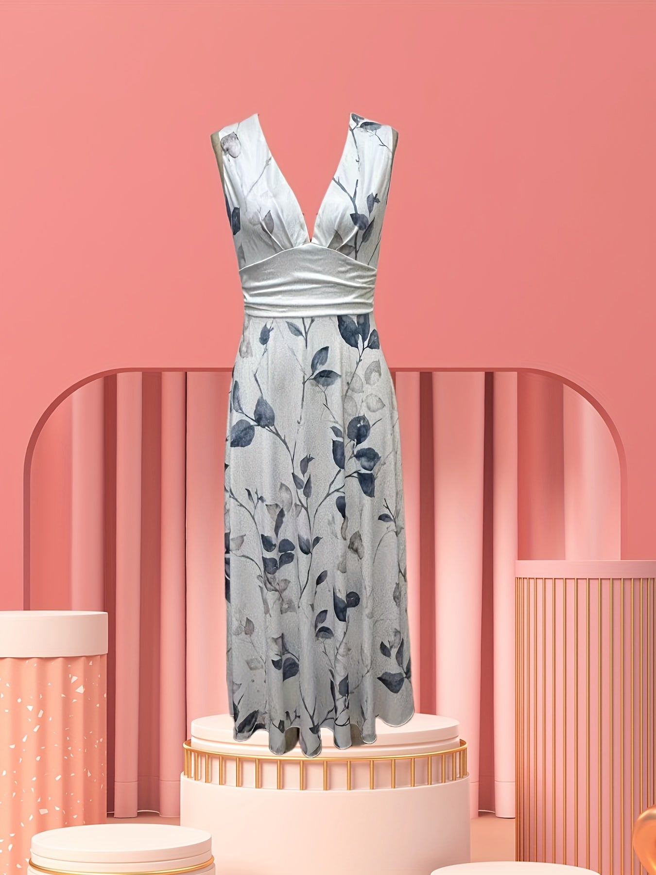 [Elegant Dress] Elegant V-Neck Sleeveless A-Line Dress | Women's Floral Print Semi-Sheer Lightweight Fabric, Breathable & Versatile for All Seasons, Casual to Formal Occasions, Allseason Attire, Medium Elasticity Fabric