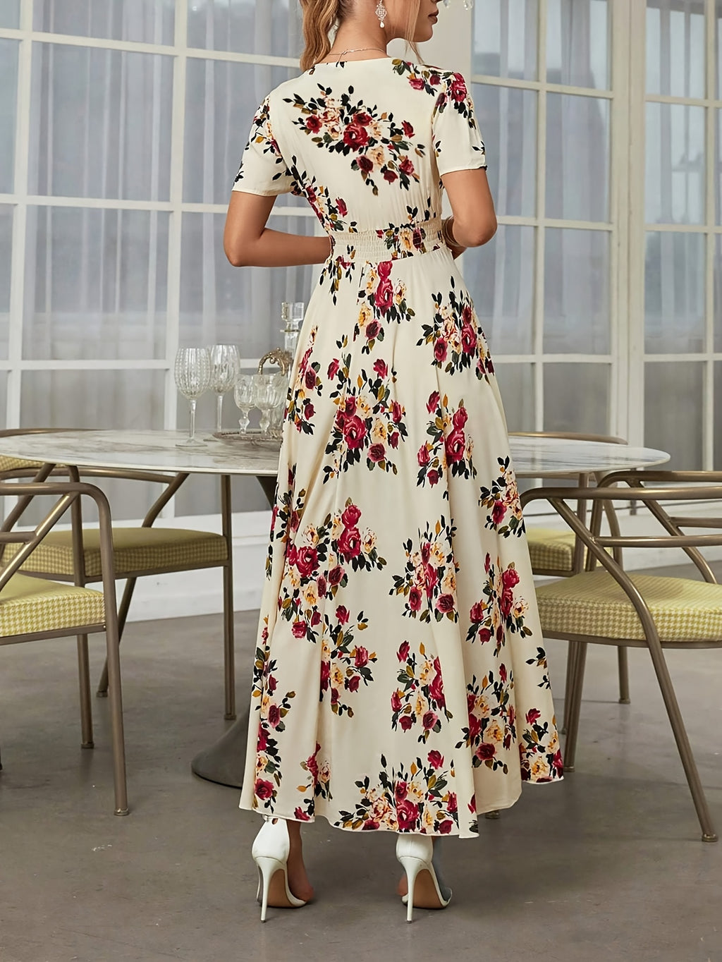 Bohemian Floral Print Maxi Dress for Women - Elegant V-Neck, Short Sleeve, A-Line Silhouette, Lightweight Viscose, Perfect for Spring & Summer Casual Wear, Floral Maxi Dress