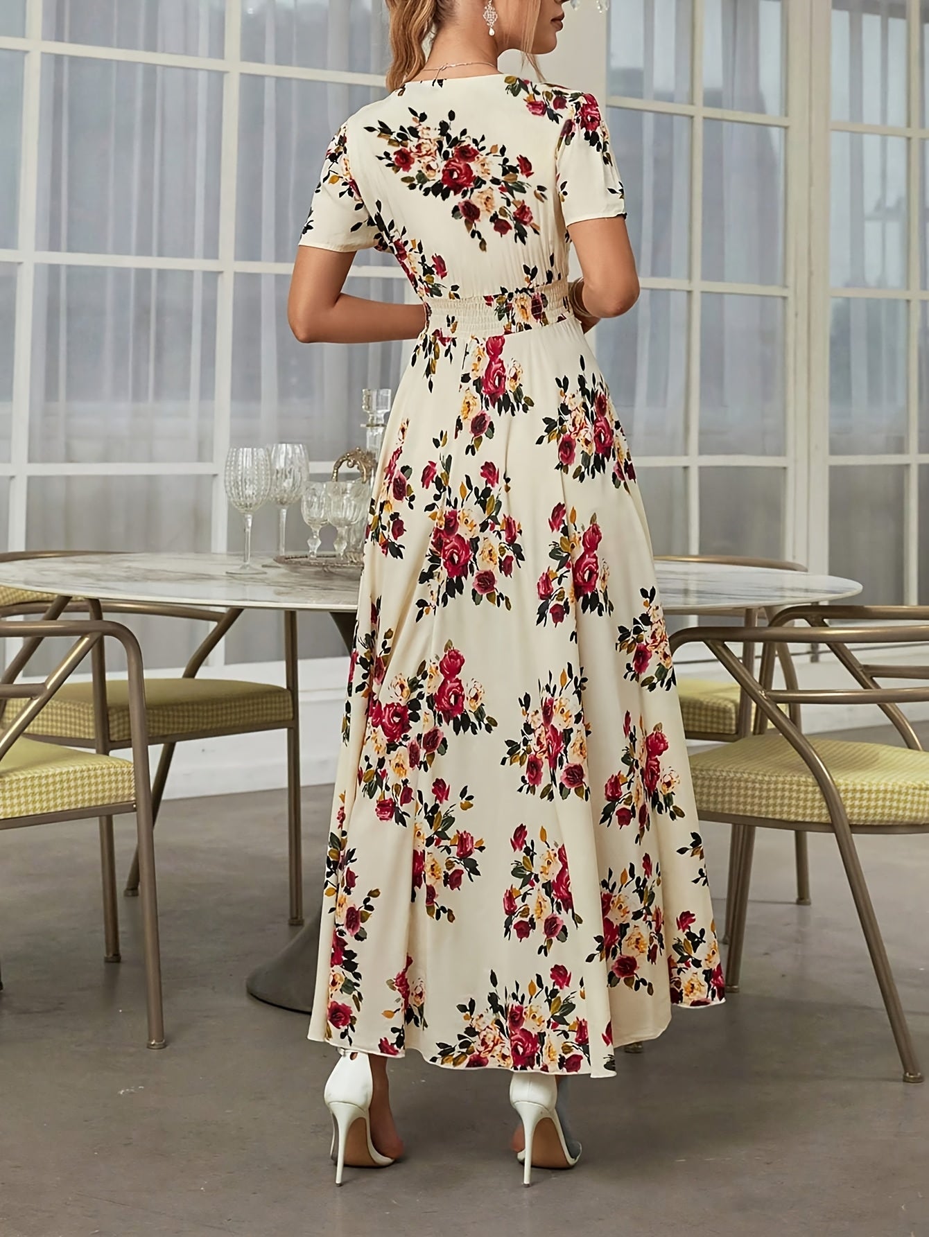 Bohemian Floral Print Maxi Dress for Women - Elegant V-Neck, Short Sleeve, A-Line Silhouette, Lightweight Viscose, Perfect for Spring & Summer Casual Wear, Floral Maxi Dress