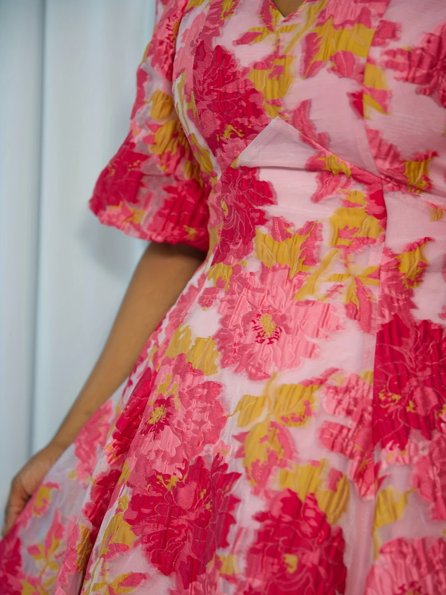 GLOURI Luxury Pink Floral Organza Jacquard Midi Dress - Romantic V-Neck Puff Short Sleeve Gown with A-Line Hem & Lining, Wedding Guest Dress for Garden Parties/Spring Galas (Opulent Floral Pattern), Floral Dress, Spring Gala Attire, Sophisticated