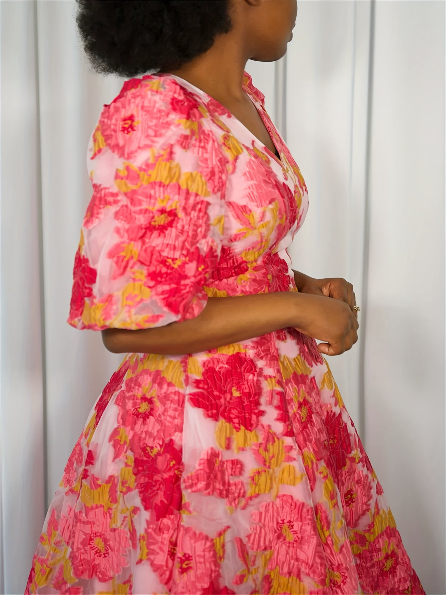 GLOURI Luxury Pink Floral Organza Jacquard Midi Dress - Romantic V-Neck Puff Short Sleeve Gown with A-Line Hem & Lining, Wedding Guest Dress for Garden Parties/Spring Galas (Opulent Floral Pattern), Floral Dress, Spring Gala Attire, Sophisticated
