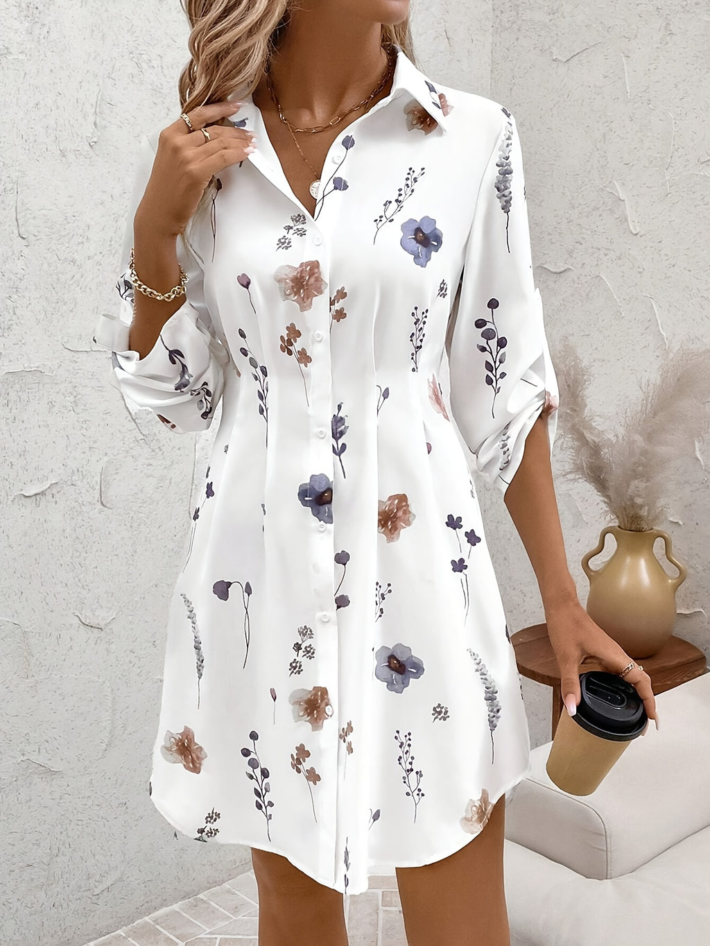 [Elegant Floral Dress] Lightweight Polyester Elegant Floral Print Blouse Dress for Women | Long Sleeve, Button-Up, Perfect for Spring & Fall, Casual to Formal Wear
