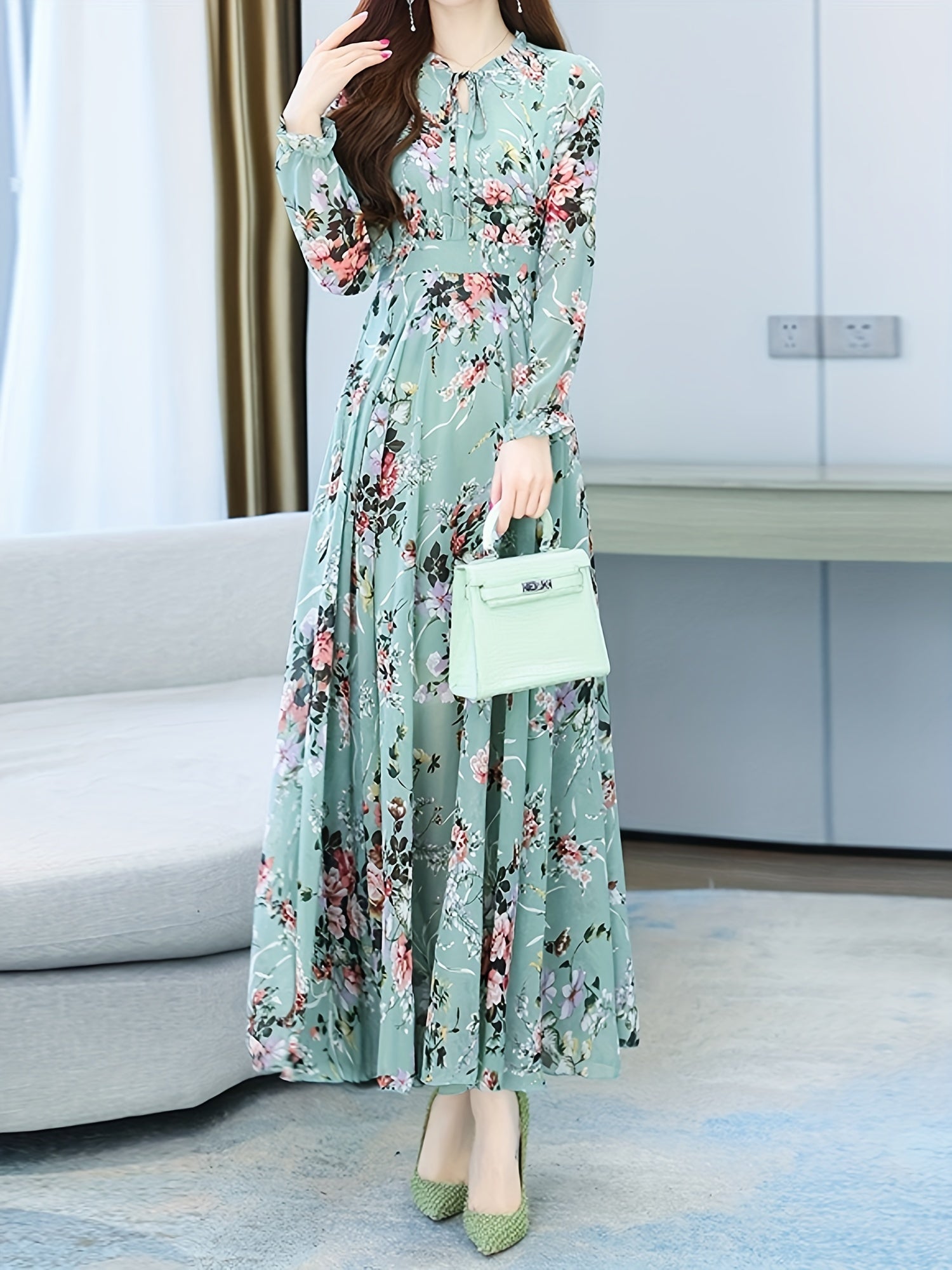 High-Quality Floral Print Women's Maxi Dress, Vintage Long Sleeve Bohemian Beach Party Casual Dress