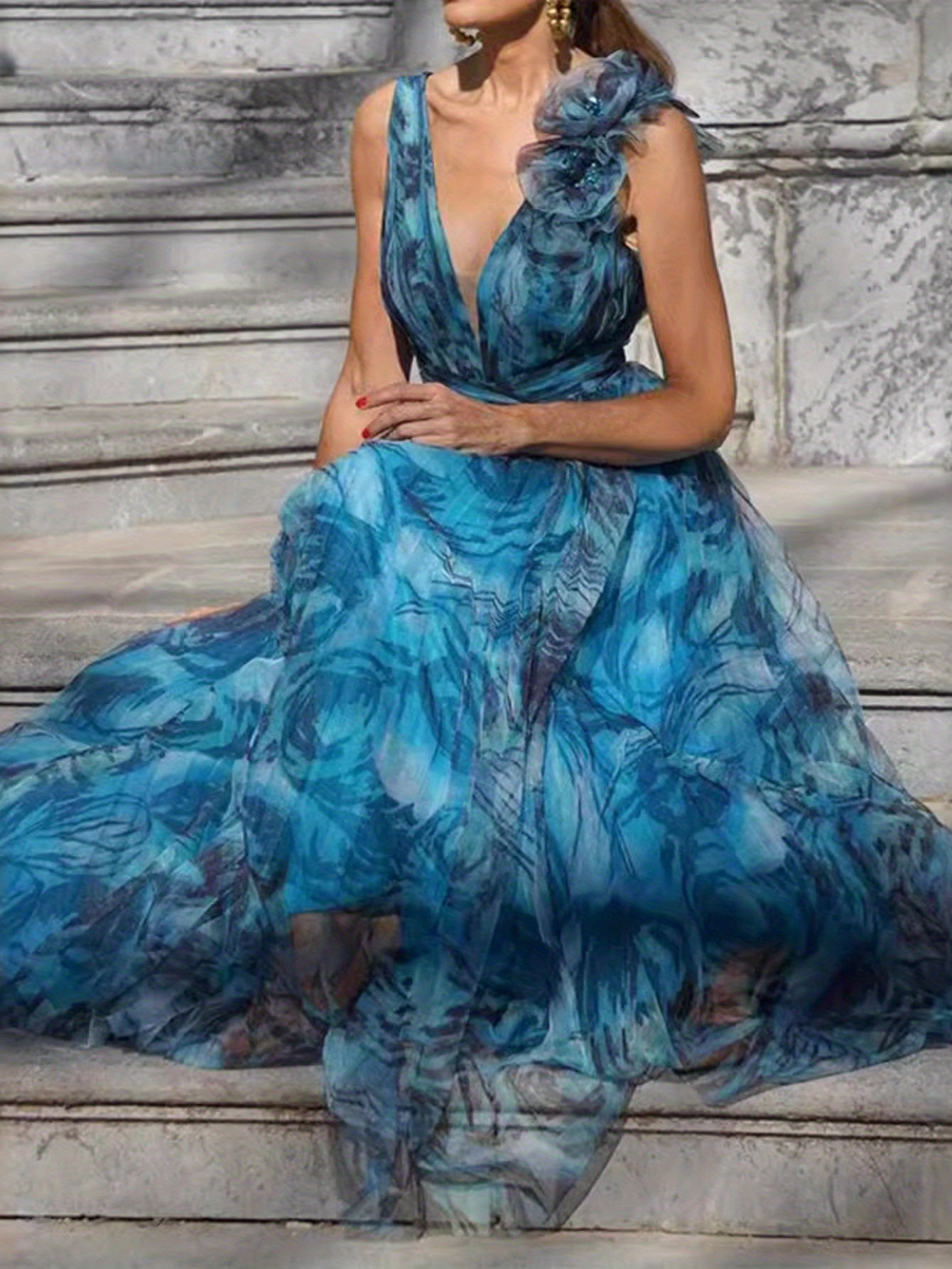 Women's V-neck Tulle Floral Maxi Dress Elegant Sleeveless Evening Dress Swing Skirt High-end Classic Sleeveless Women's Maxi Dress