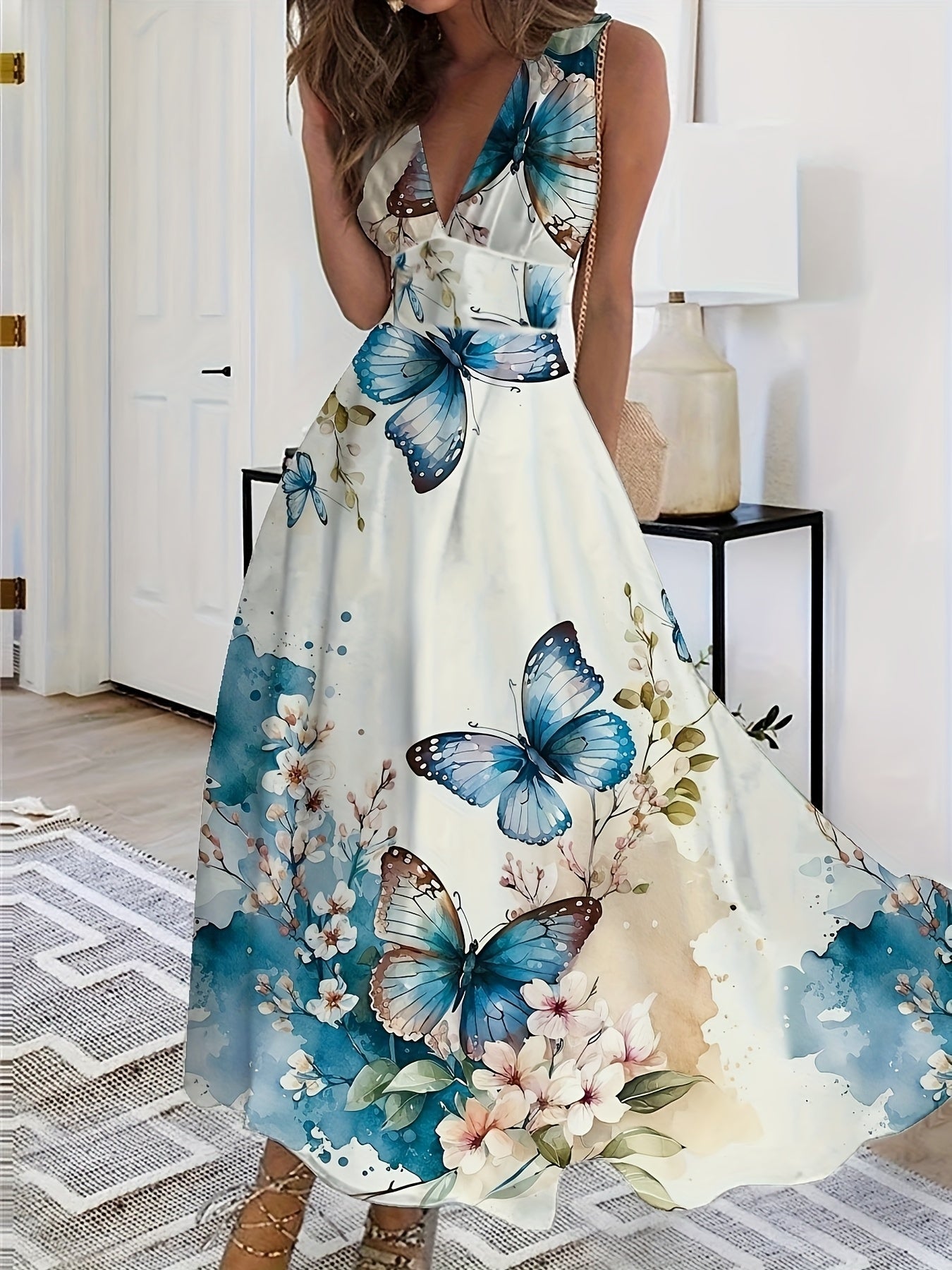 [Elegant Dress] Elegant V-Neck Sleeveless A-Line Dress | Women's Floral Print Semi-Sheer Lightweight Fabric, Breathable & Versatile for All Seasons, Casual to Formal Occasions, Allseason Attire, Medium Elasticity Fabric