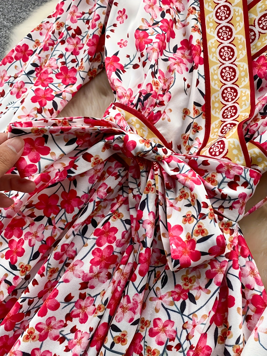 Sweet Style Floral Dress Fashionable Lantern Sleeves Bow Tie