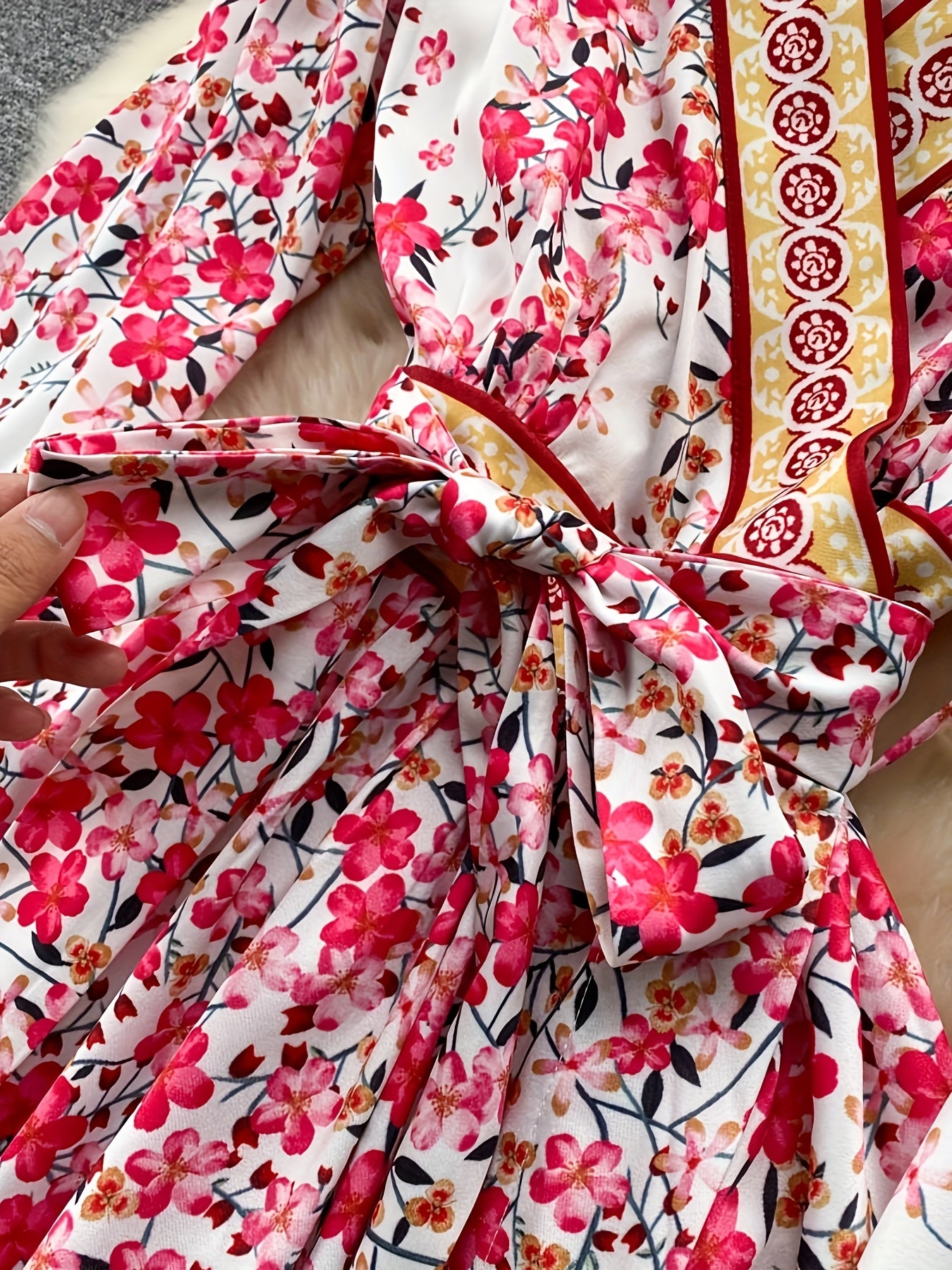 Sweet Style Floral Dress Fashionable Lantern Sleeves Bow Tie