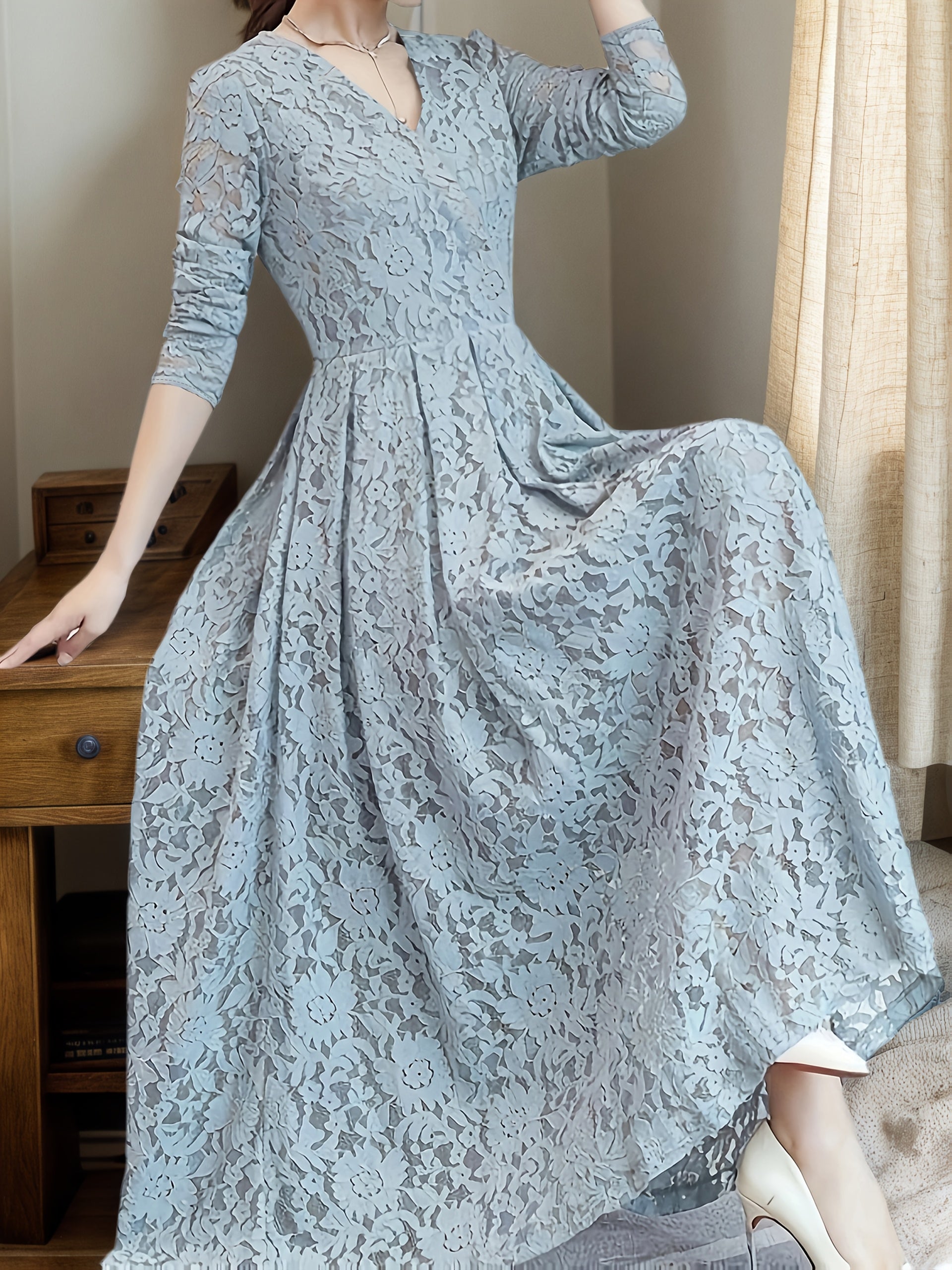 Women's Elegant Lace Panel V-Neck Dress with Zipper Back, Slim-Fit Bodice & Flowy Skirt - Machine Washable Solid Color All-Season Versatile for Casual to Formal Occasions, Occasion Wear, Easycare Material