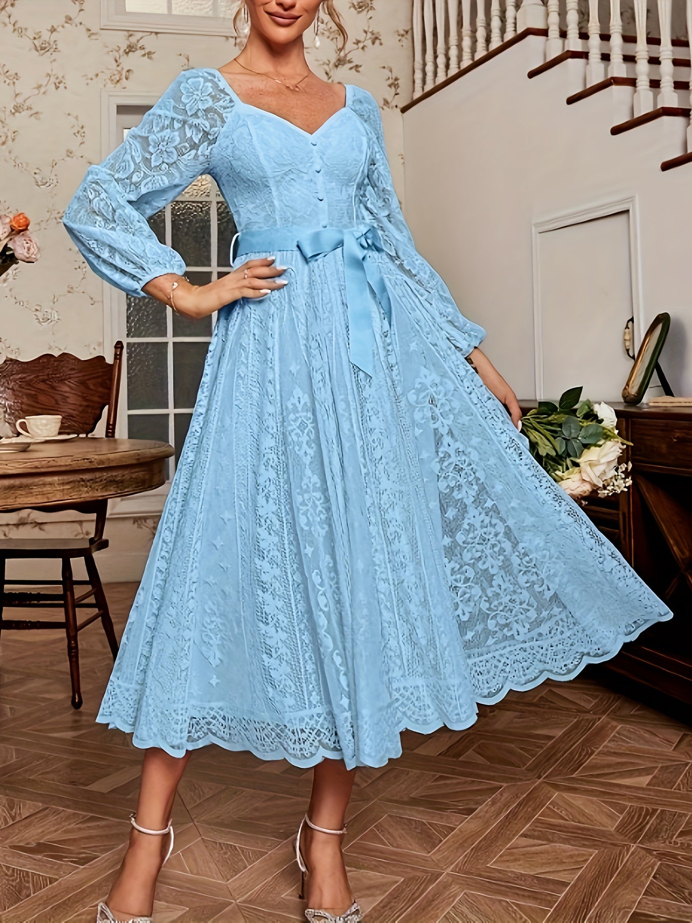 [Elegant Dress] Elegant Lace Sleeve Belted Dress | Women's Fitted Solid Color Machine Washable All-Season Versatile for Casual & Formal Occasions, Wedding Guest Attire, Sophisticated Detailing
