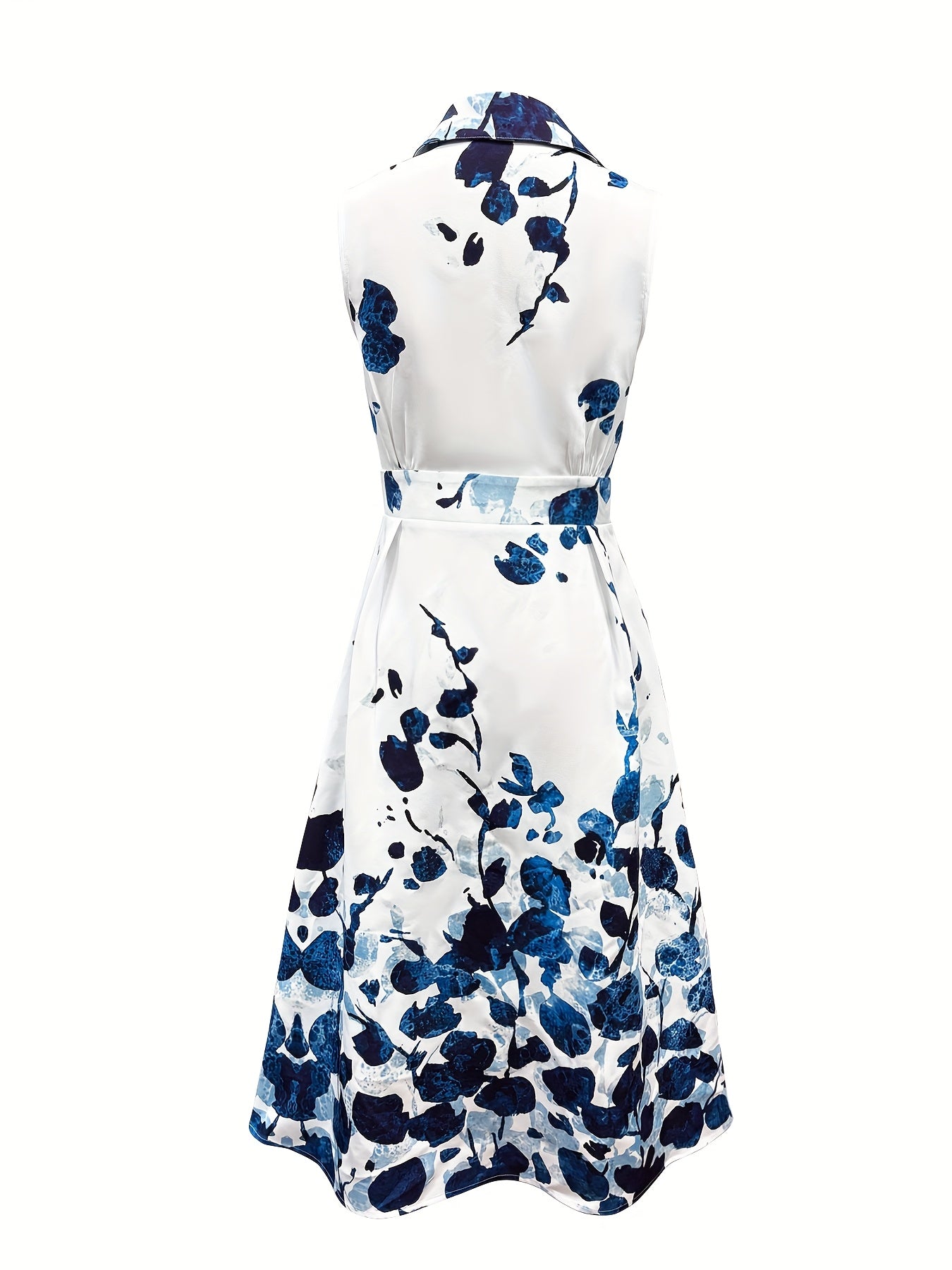 Elegant Sleeveless Floral Print Shirt Dress with Pockets - Chic A-Line Midi Dress for Women, White with Blue & Black Floral Design, V-Neck, Button-Up Front, Perfect for Casual or Office Wear, Cute Dress