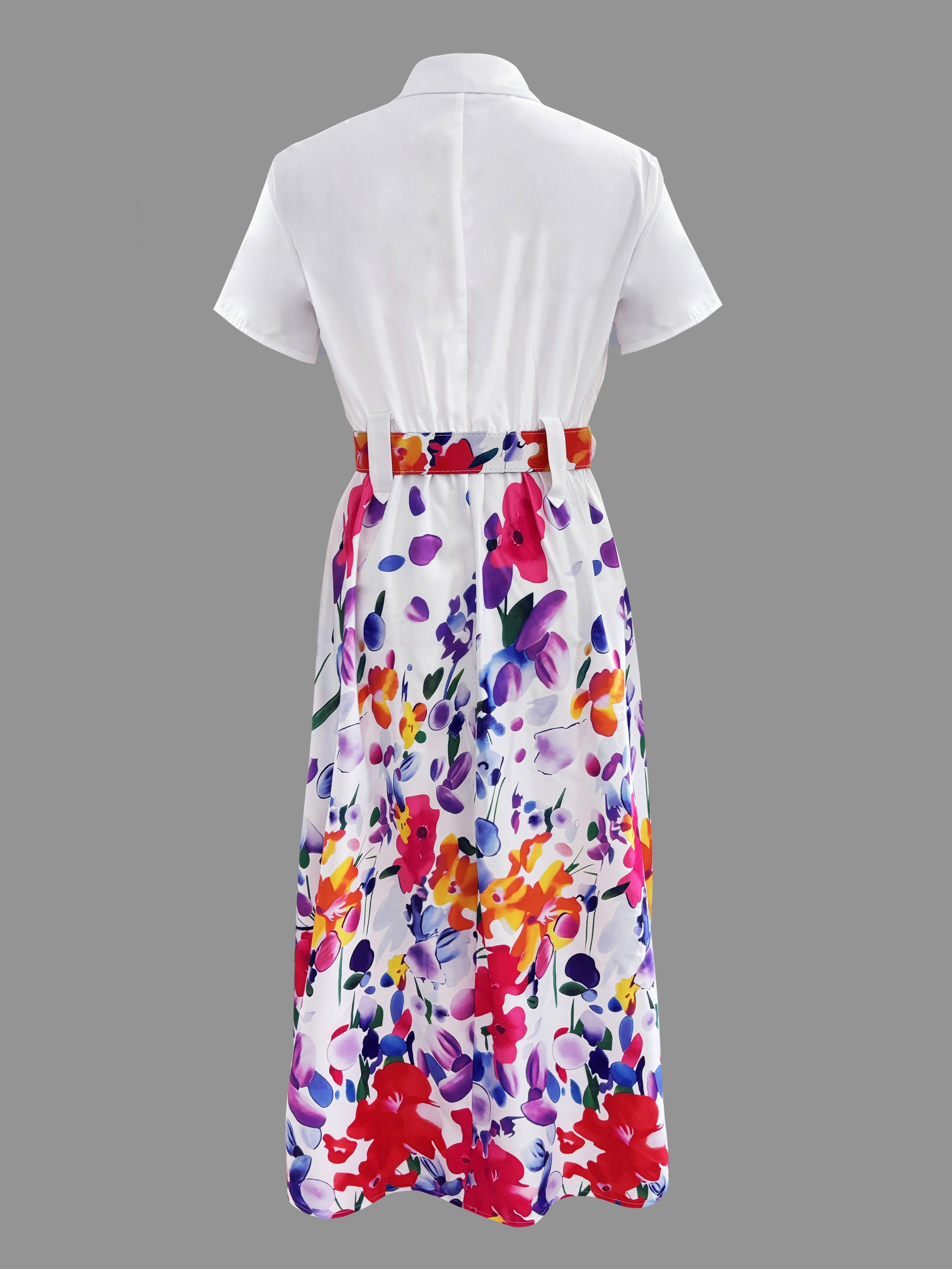 Short Sleeve Floral Print A-line Dress, Casual Button Front Dress For Spring & Summer, Women's Clothing