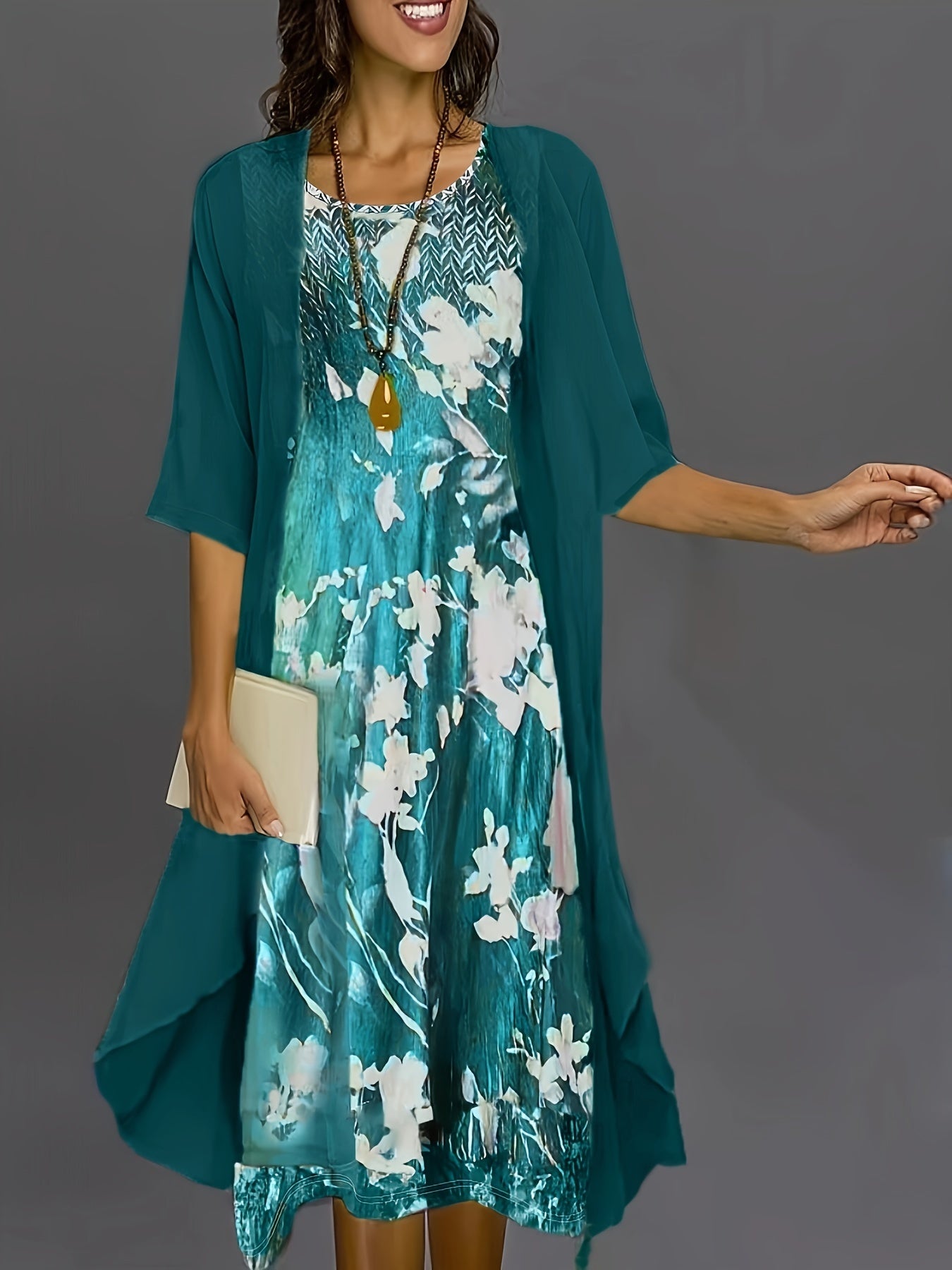 Women'S Elegant Floral Print Dress Set, Spring 2024 Collection, Polyester 95% Elastane 5% Knit Fabric, Crew Neck, All Season Wear, 190gsm & 88.5gsm Textured Weave