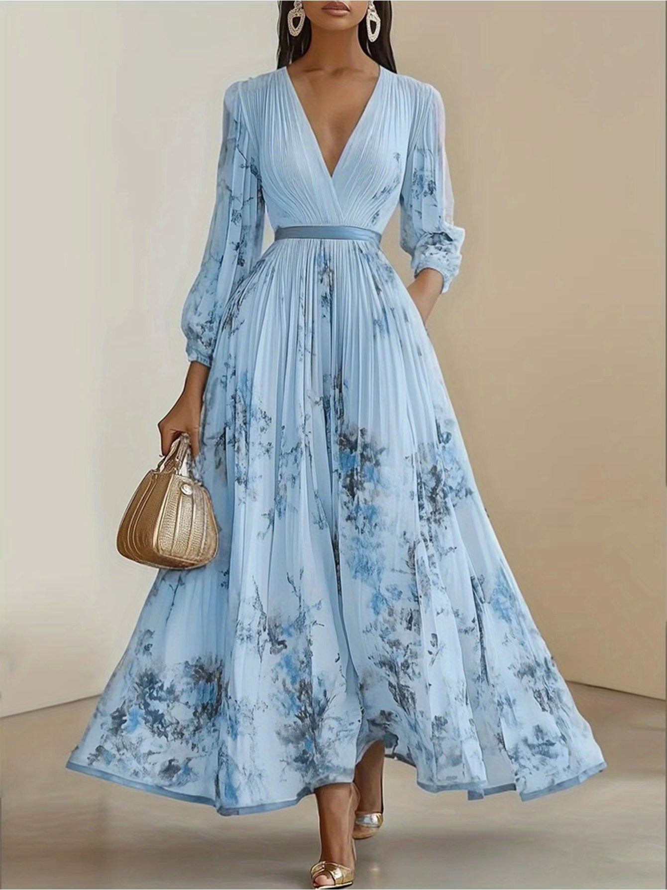 Women'S Elegant Floral print long dress - Flowy A-Line Formal & casual gown, V-Neck Long Dress for Parties, Office, Everyday Outfits - Spring/Fall/Summer Women'S Clothing, Floral Print Dress, Party Attire, Sophisticated Style, Pleated Hem, Office Wear,