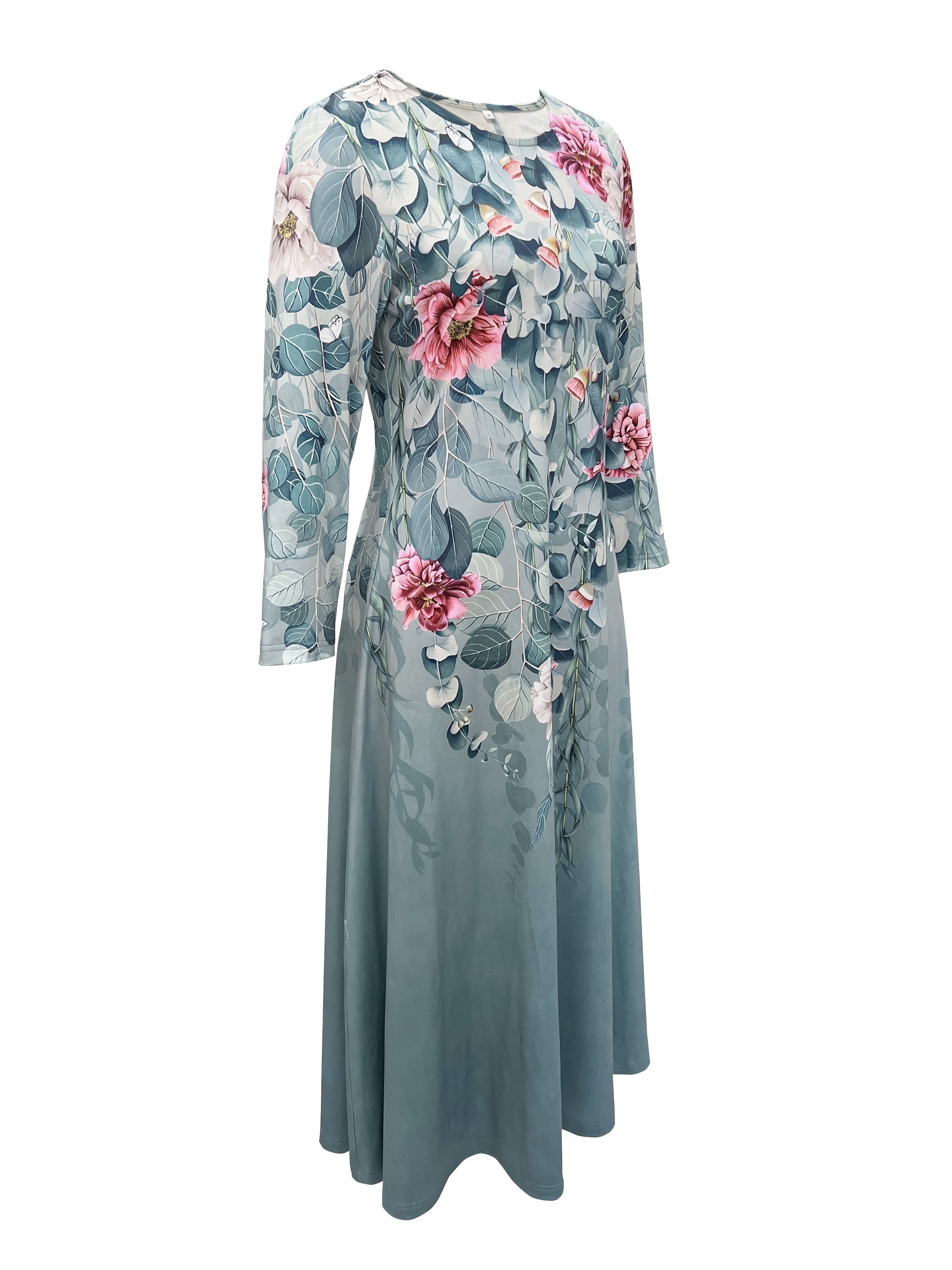 [Elegant A-Line Dress] Elegant Floral Print A-Line Dress | Women's Soft Blue & Pink Botanical Pattern, Round Neck, Machine Washable, All-Season Comfort for Casual & Formal Occasions, Medium Elasticity Fabric, Versatile Outfit, Comfortable Material