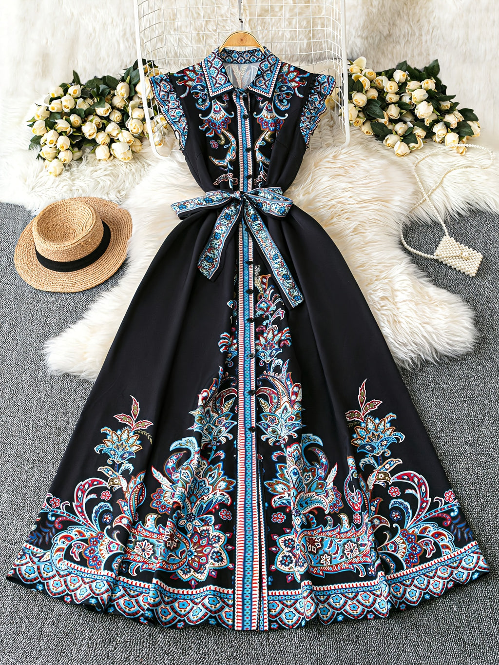 Women's Floral Print A-Line Dress with Puffed Cap Sleeves & Classic Collar - Adjustable Waist Tie, Side Slit Hem, Machine Washable Long Dress for Spring/Summer Casual to Formal Occasions, Spring Summer Dress | Floral Aline Dress | Quality Construction
