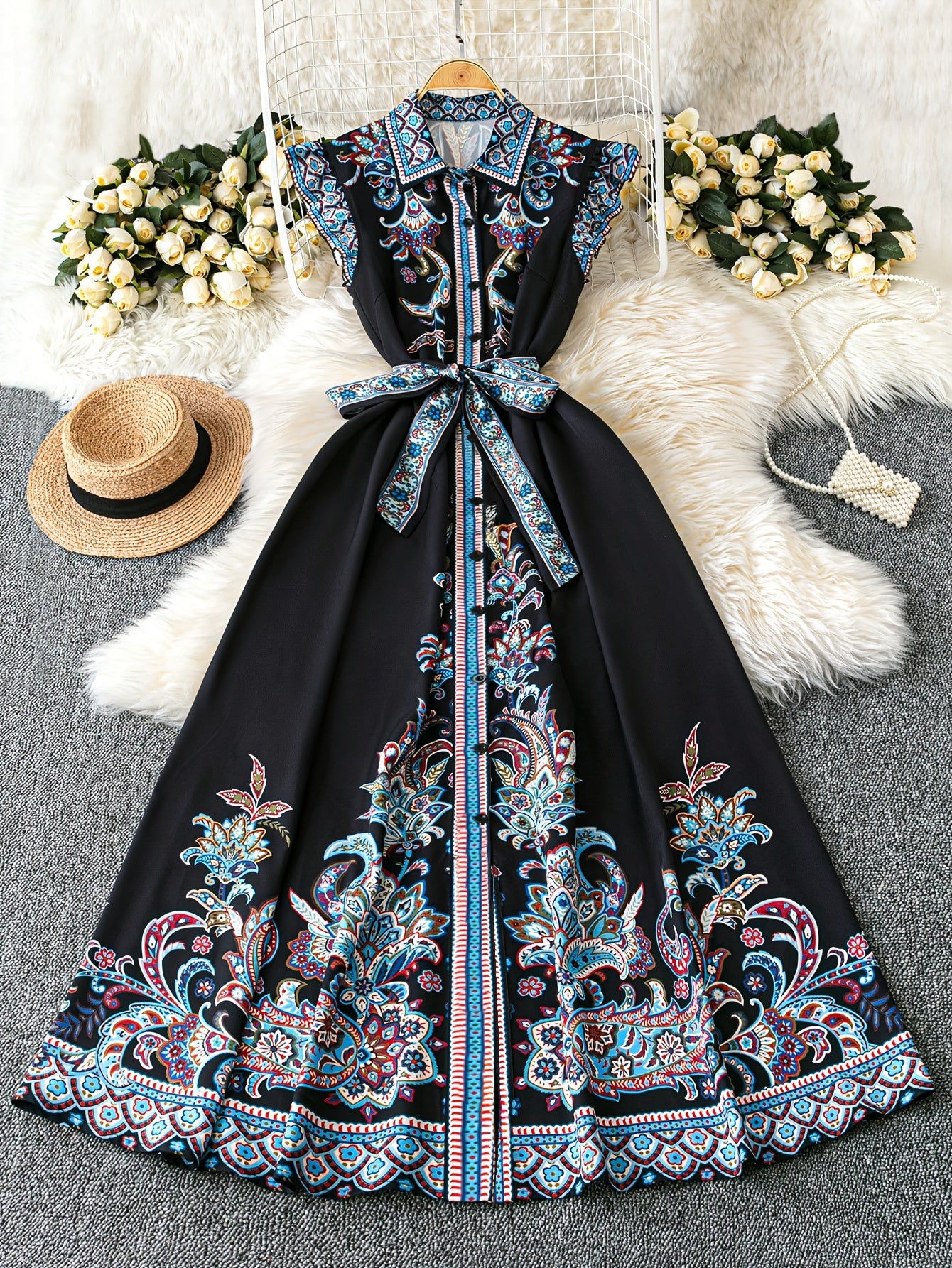 Women's Floral Print A-Line Dress with Puffed Cap Sleeves & Classic Collar - Adjustable Waist Tie, Side Slit Hem, Machine Washable Long Dress for Spring/Summer Casual to Formal Occasions, Spring Summer Dress | Floral Aline Dress | Quality Construction