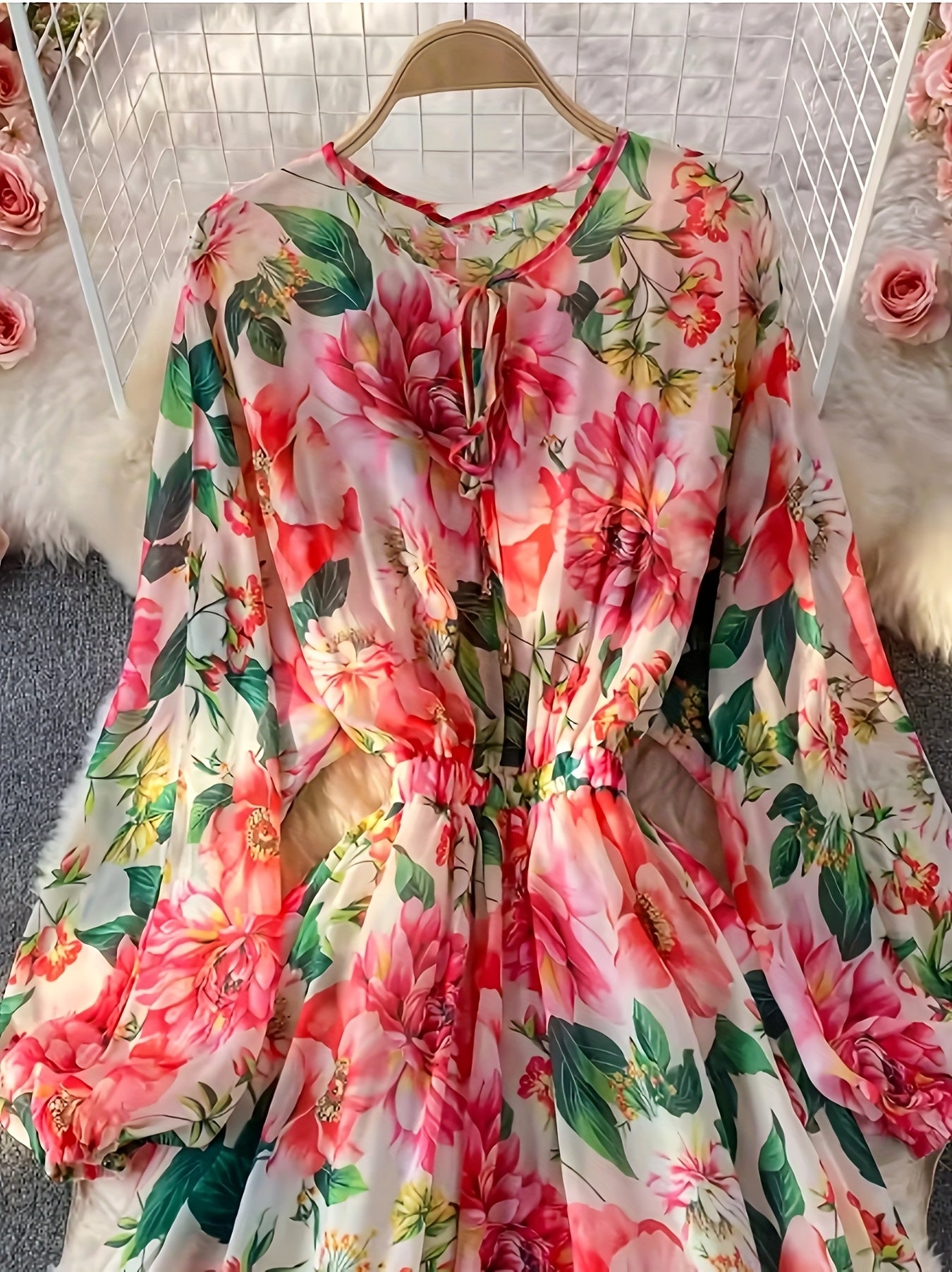 Women'S Floral Print Long Sleeve Chiffon Dress with Puff Sleeves & Ruffled Neckline - Casual A-Line Midi Dress for Spring/Summer, Machine Washable, Allseason Attire, Spring Summer Fashion, Comfortable Fit