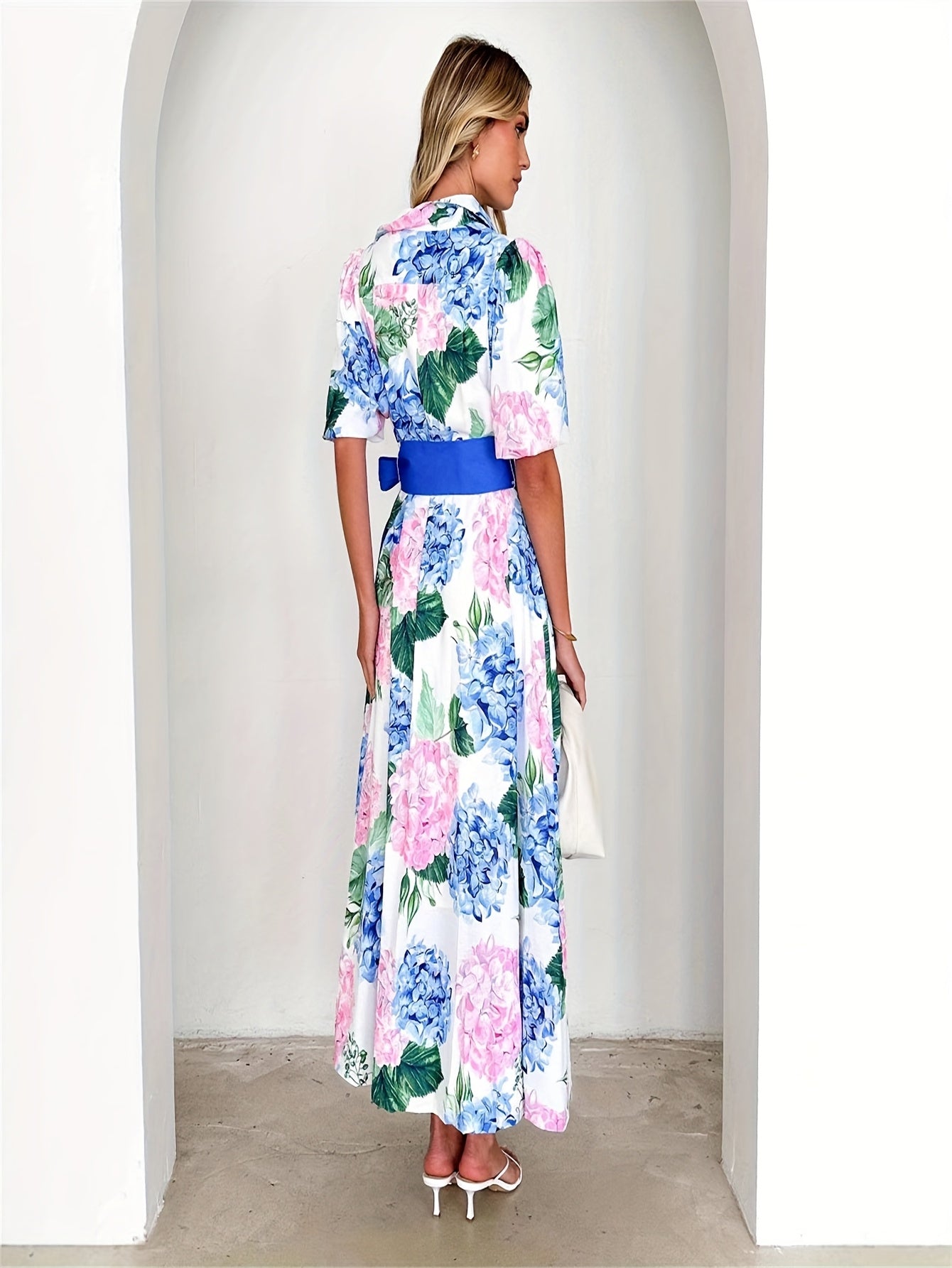 [Elegant Dress] Elegant Ladies' Printed Dress | Short Sleeves, Waist Belt, V-neck