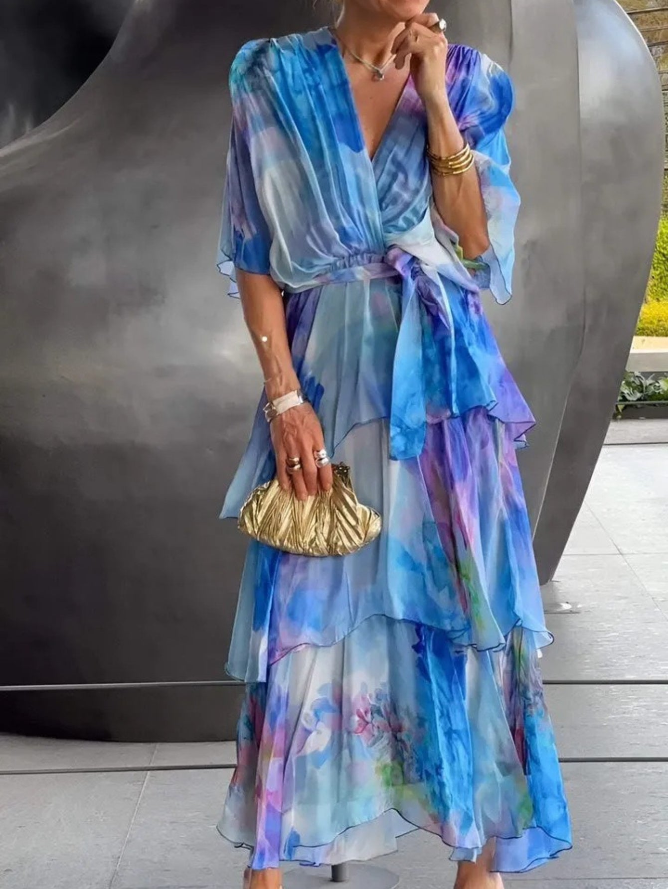 2025 New Women'S Floral Print Tiered Maxi Dress - V-Neck, Sleeveless, Flowy A-Line Skirt with Adjustable Waist Tie, Light Blue & White Floral Pattern, Perfect for Spring/Summer/Fall, Casual to Semi-Formal Wear, Floral Print Dress